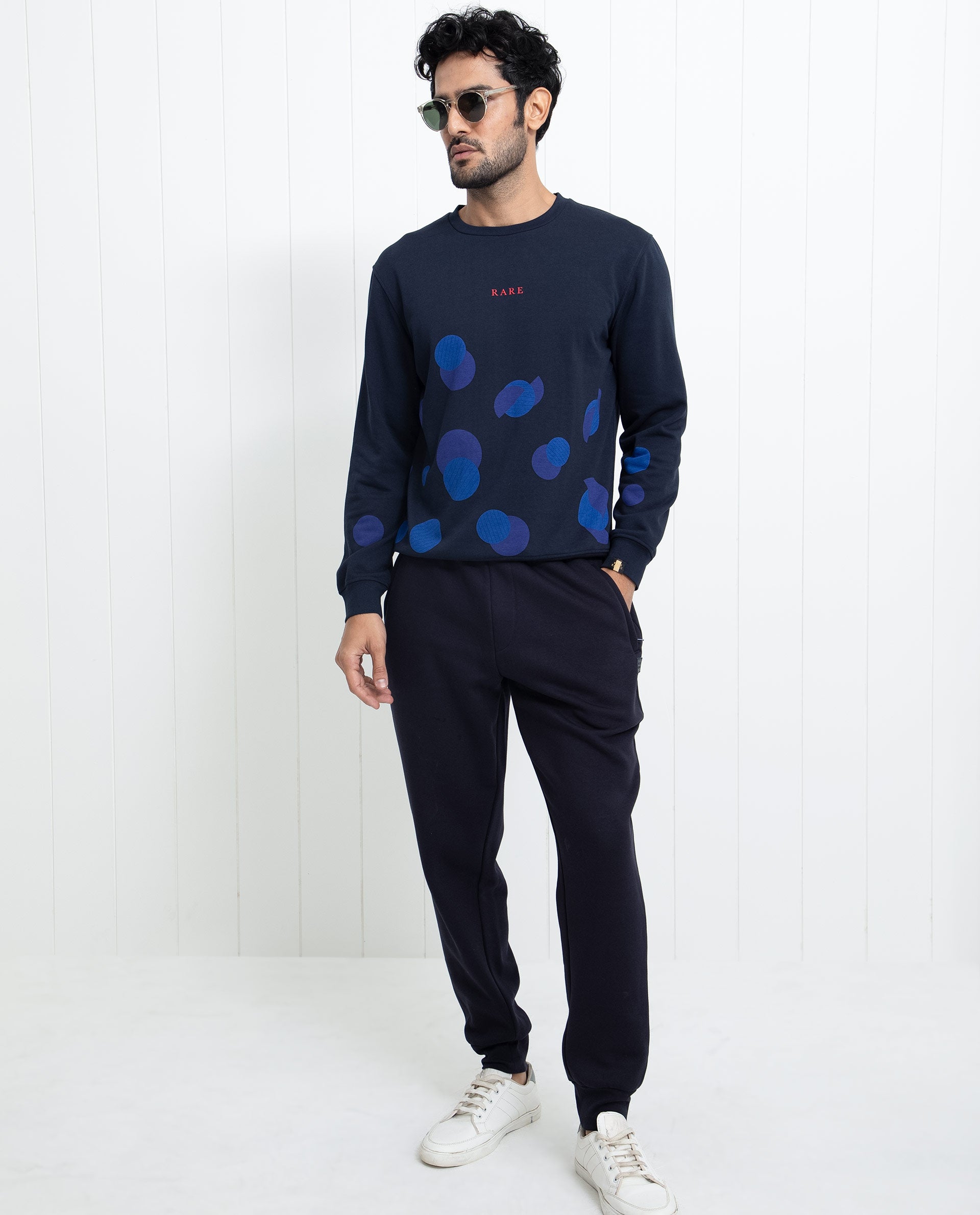 Rare Rabbit Men's Waltz Navy Cotton Polyester Fabric Full Sleeves Graphic Print Knitted Sweatshirt