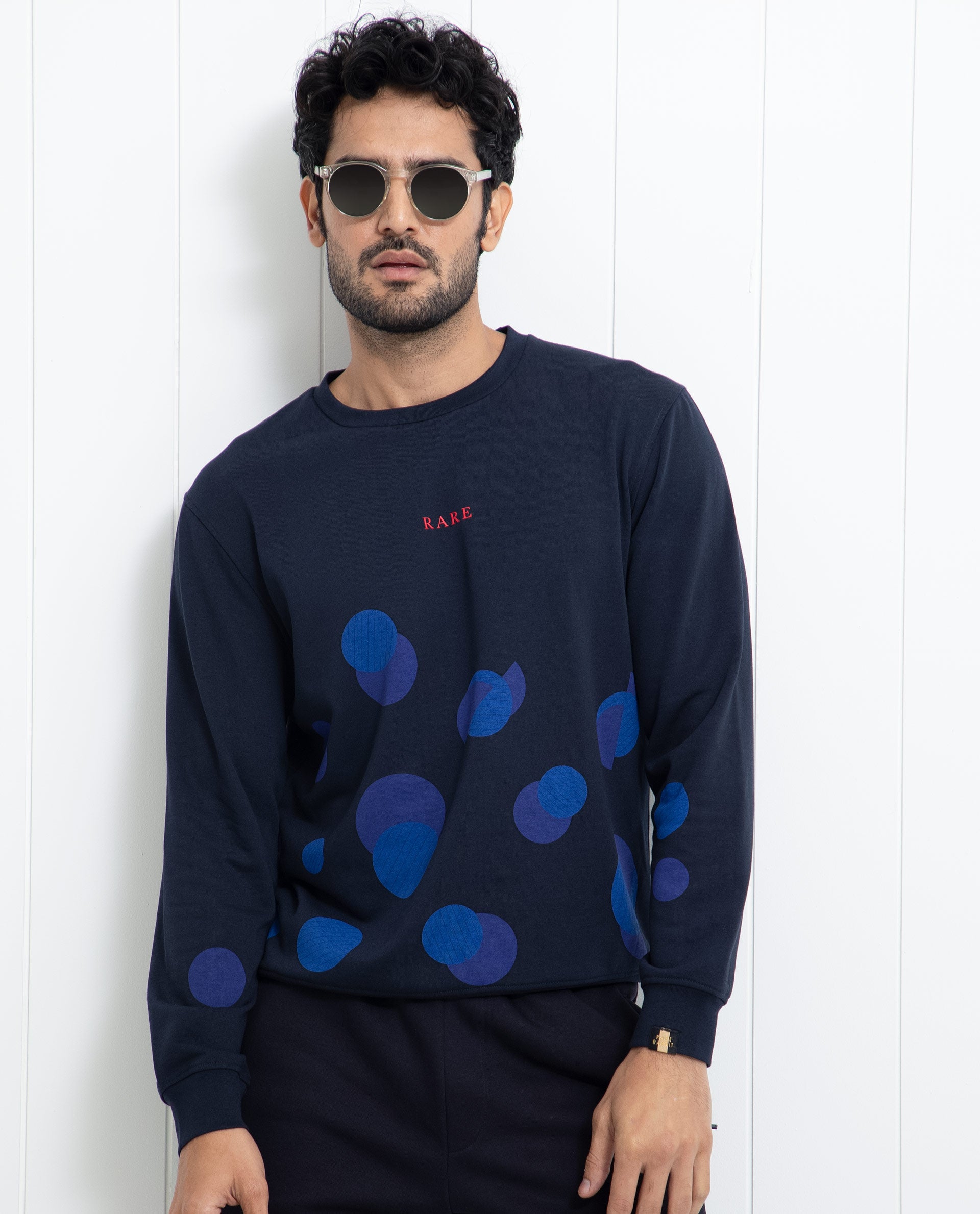 Rare Rabbit Men's Waltz Navy Cotton Polyester Fabric Full Sleeves Graphic Print Knitted Sweatshirt