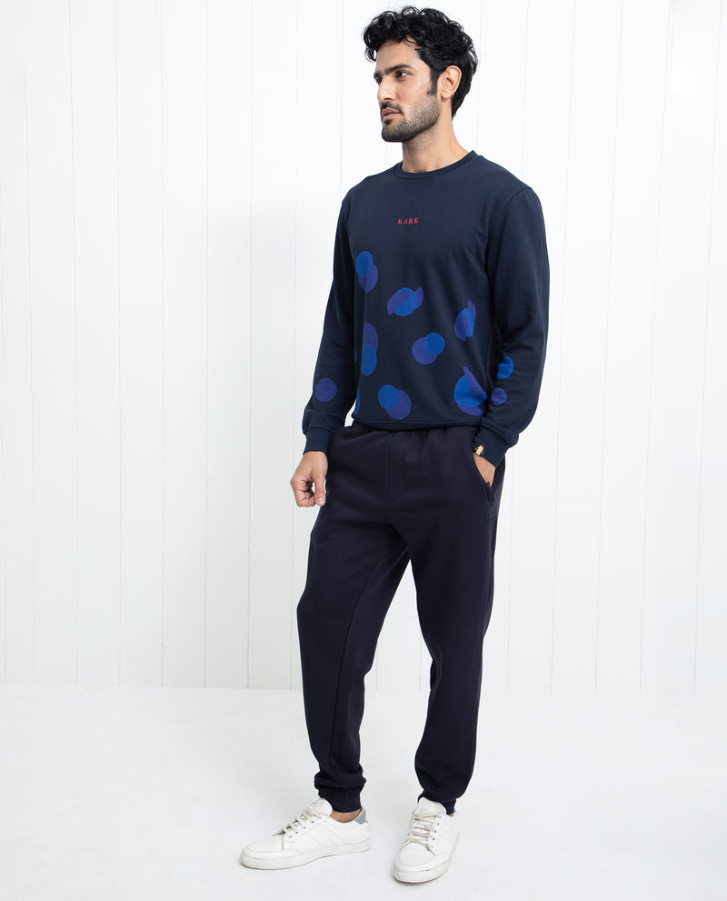Rare Rabbit Men's Waltz Navy Cotton Polyester Fabric Full Sleeves Graphic Print Knitted Sweatshirt