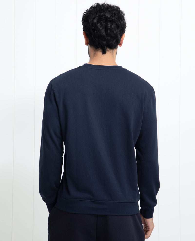 Rare Rabbit Men's Waltz Navy Cotton Polyester Fabric Full Sleeves Graphic Print Knitted Sweatshirt