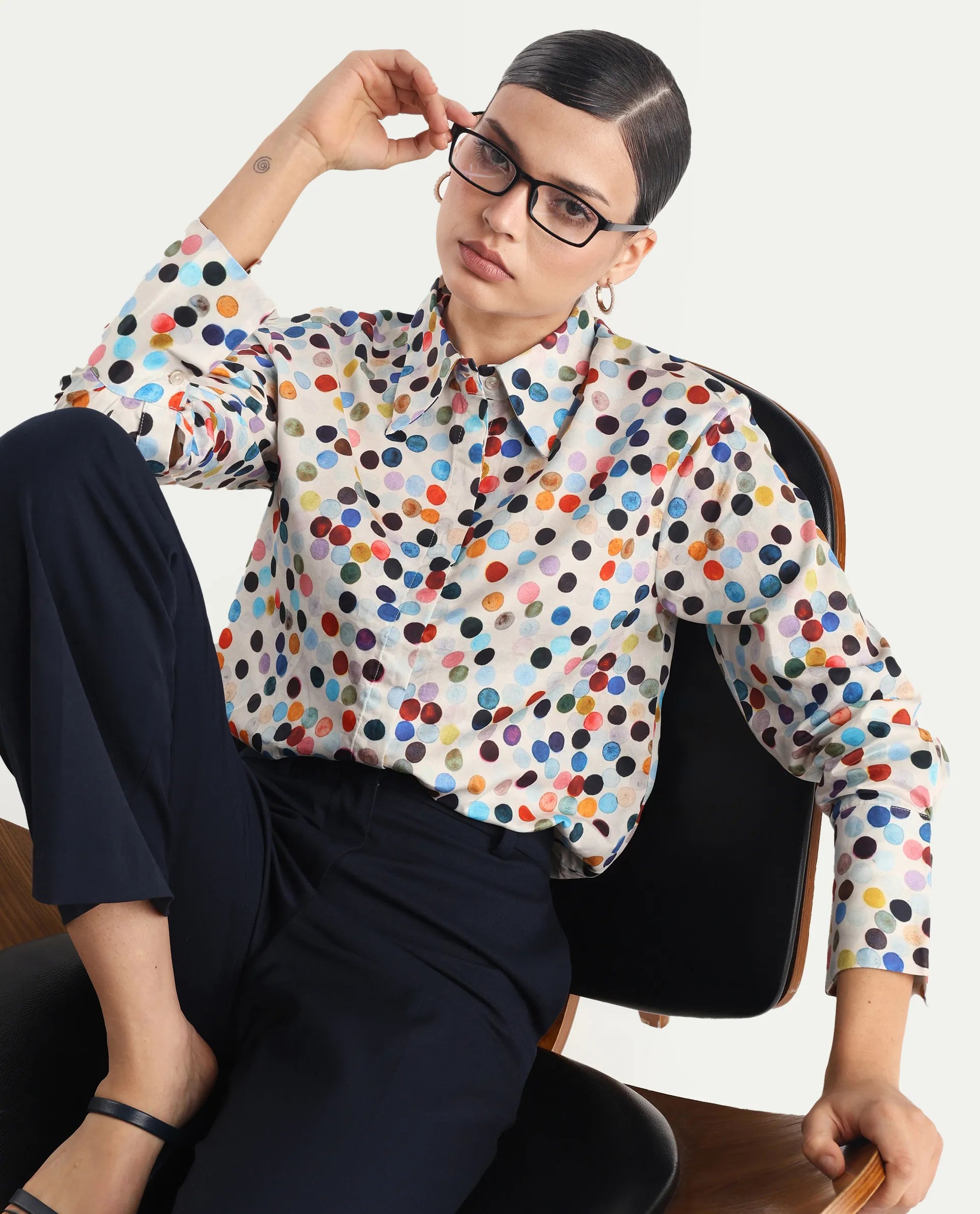 Rareism Women's Wanice Light Mullti Cotton Blend Drop Collar Polka Print Cuffed Sleeve Regular Fit Top