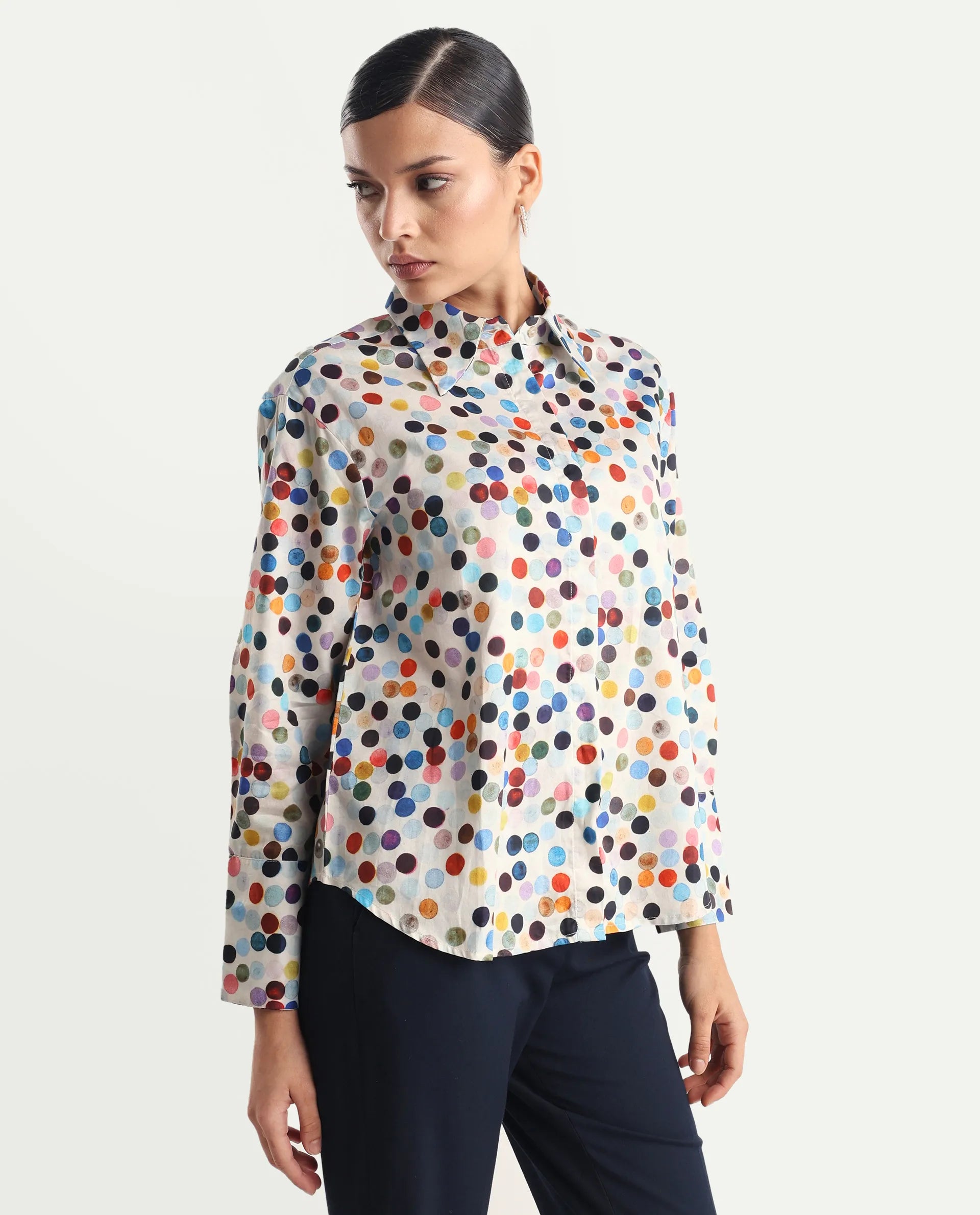 Rareism Women's Wanice Light Mullti Cotton Blend Drop Collar Polka Print Cuffed Sleeve Regular Fit Top