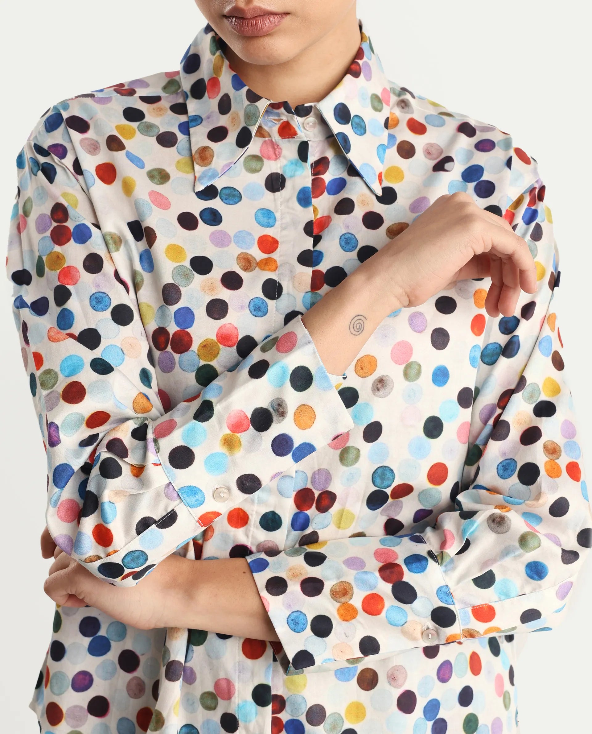 Rareism Women's Wanice Light Mullti Cotton Blend Drop Collar Polka Print Cuffed Sleeve Regular Fit Top