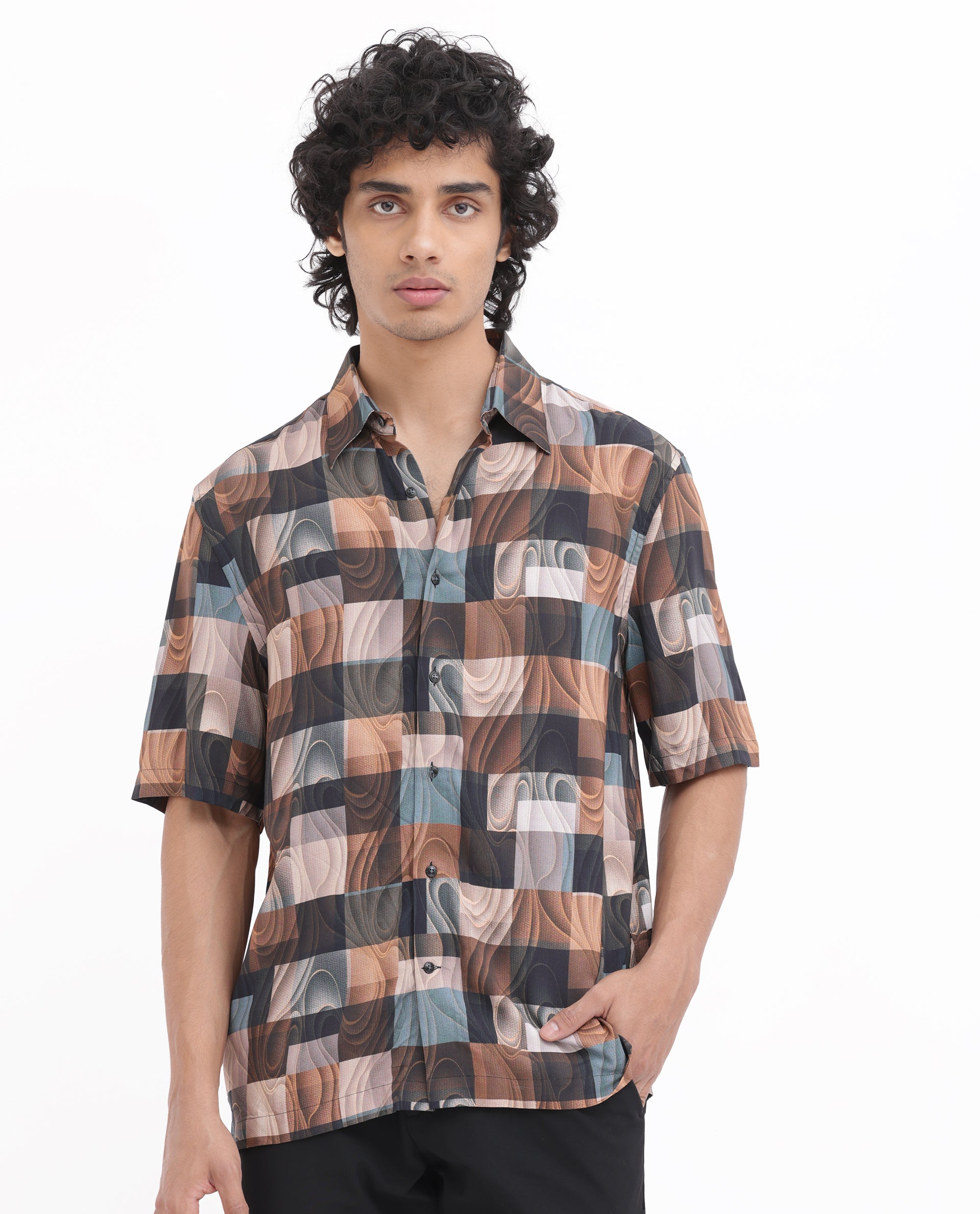 Rare Rabbit Men's Waven Brown Viscose Fabric Half Sleeves Boxy Fit Abstract Print Shirt