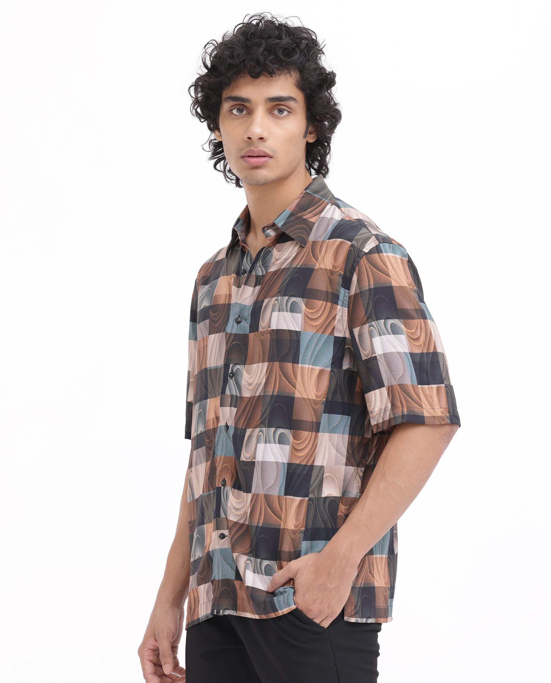 Rare Rabbit Men's Waven Brown Viscose Fabric Half Sleeves Boxy Fit Abstract Print Shirt