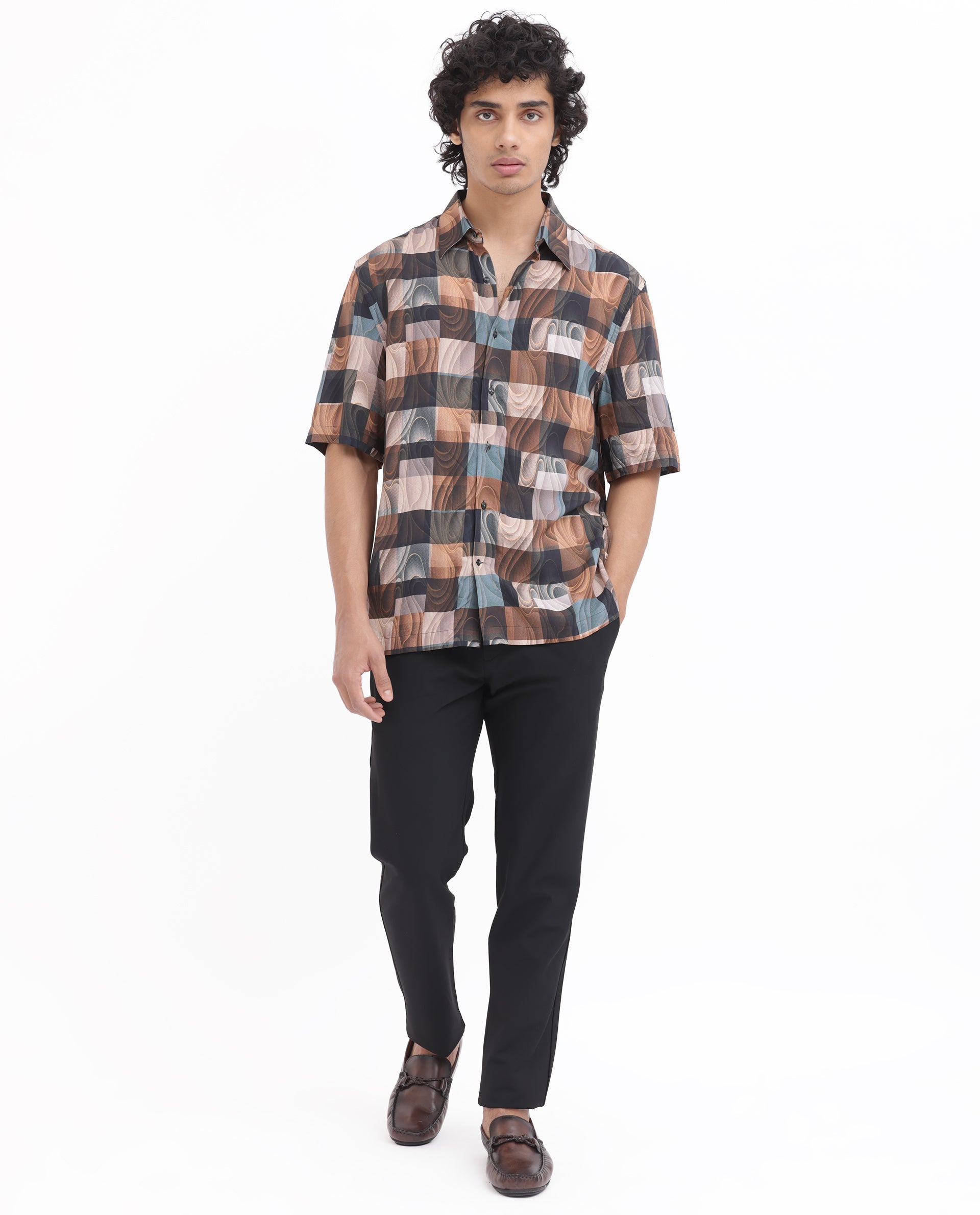 Rare Rabbit Men's Waven Brown Viscose Fabric Half Sleeves Boxy Fit Abstract Print Shirt