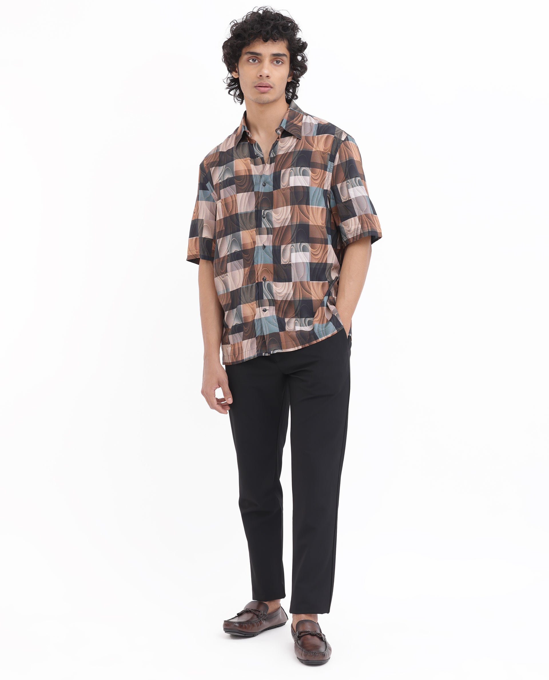 Rare Rabbit Men's Waven Brown Viscose Fabric Half Sleeves Boxy Fit Abstract Print Shirt