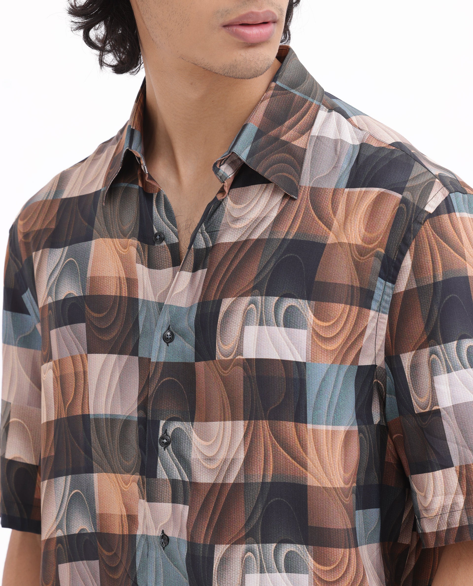 Rare Rabbit Men's Waven Brown Viscose Fabric Half Sleeves Boxy Fit Abstract Print Shirt