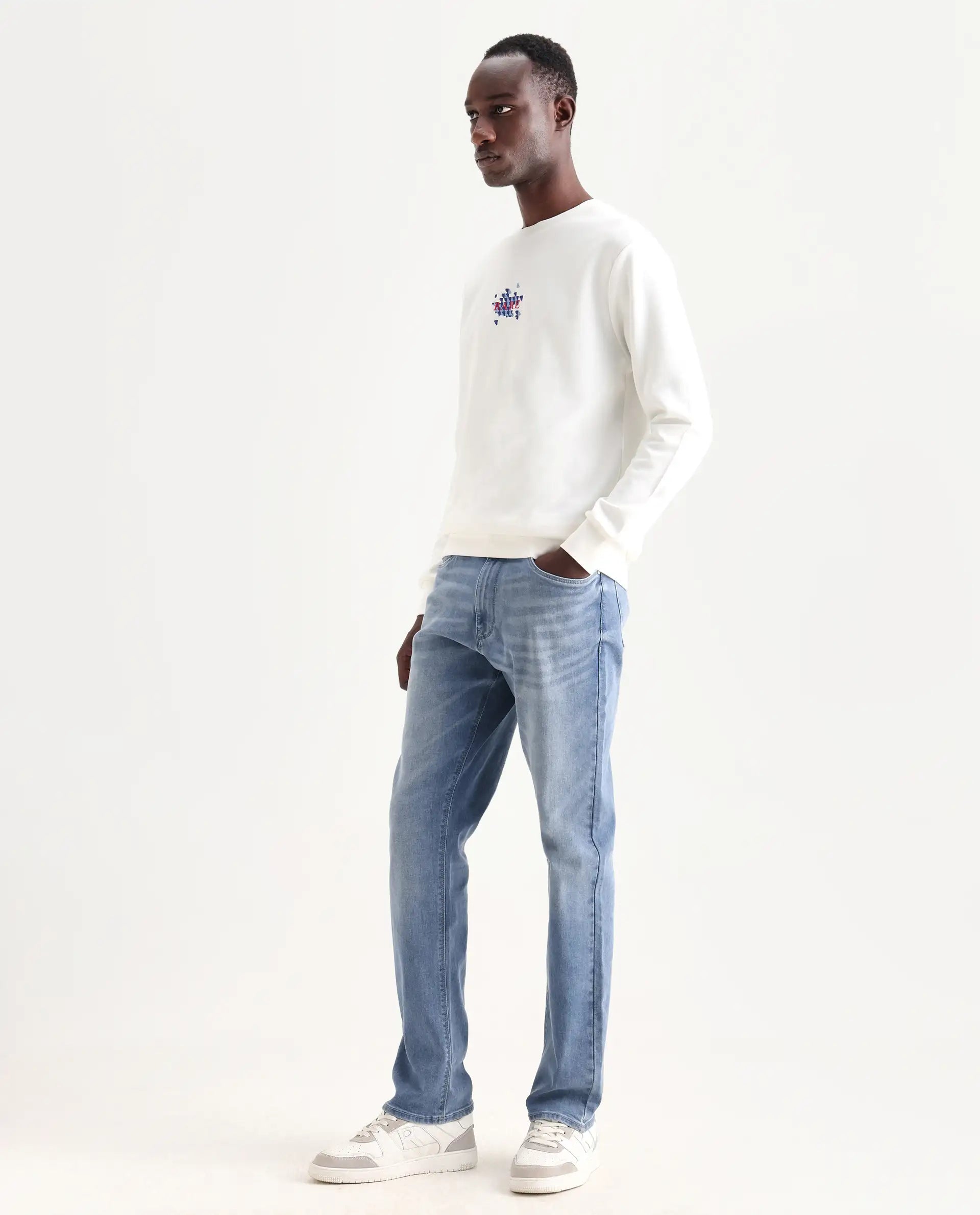 Rare Rabbit Men's Wavey Light Blue Cotton Blend Plain Morris Regular Fit Jeans