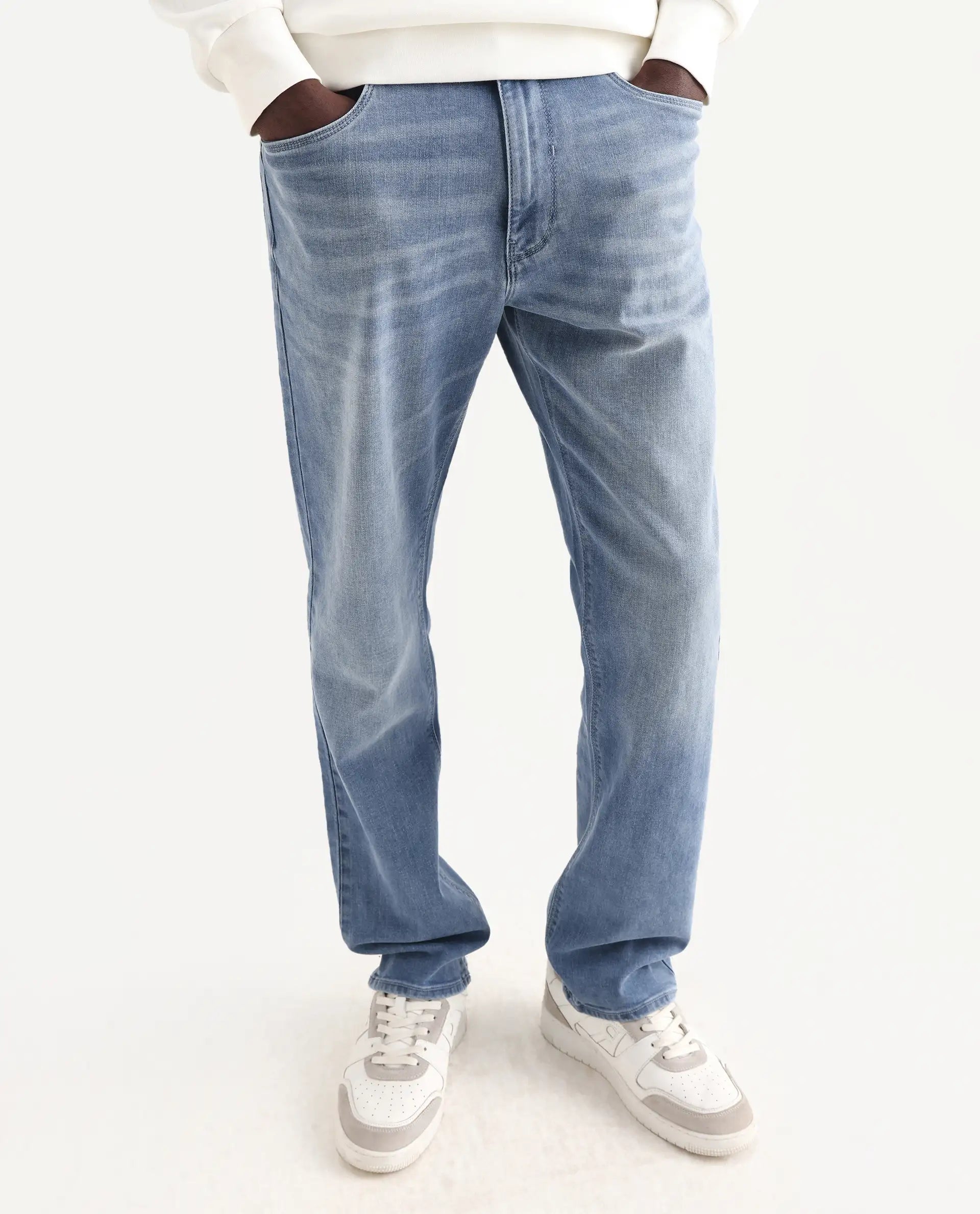 Rare Rabbit Men's Wavey Light Blue Cotton Blend Plain Morris Regular Fit Jeans