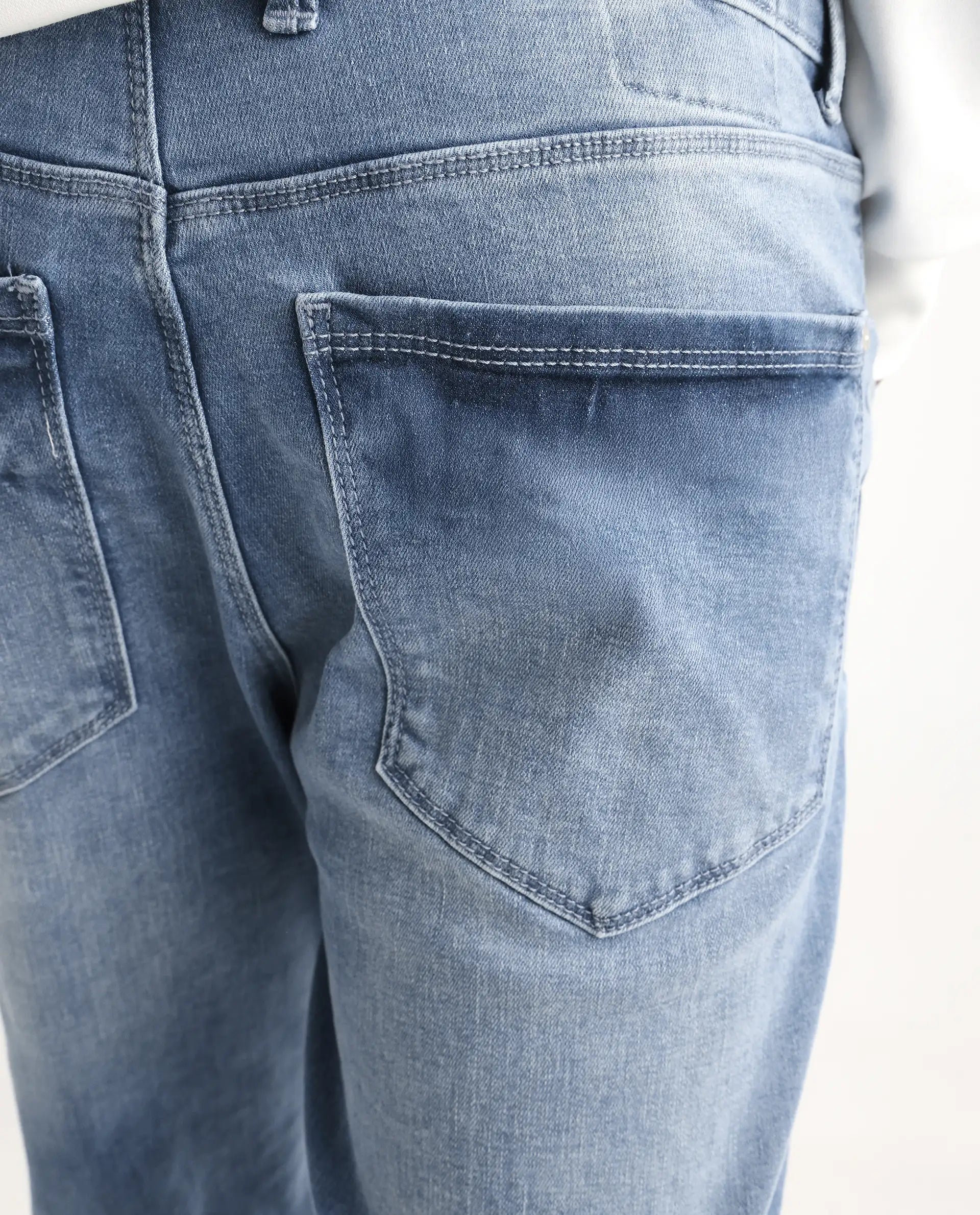 Rare Rabbit Men's Wavey Light Blue Cotton Blend Plain Morris Regular Fit Jeans