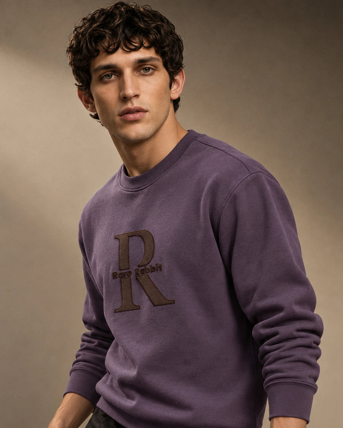 Rare Rabbit Men's Wazi Dusky Purple Cotton Blend Crew Neck Regular Embroidered Sweatshirt