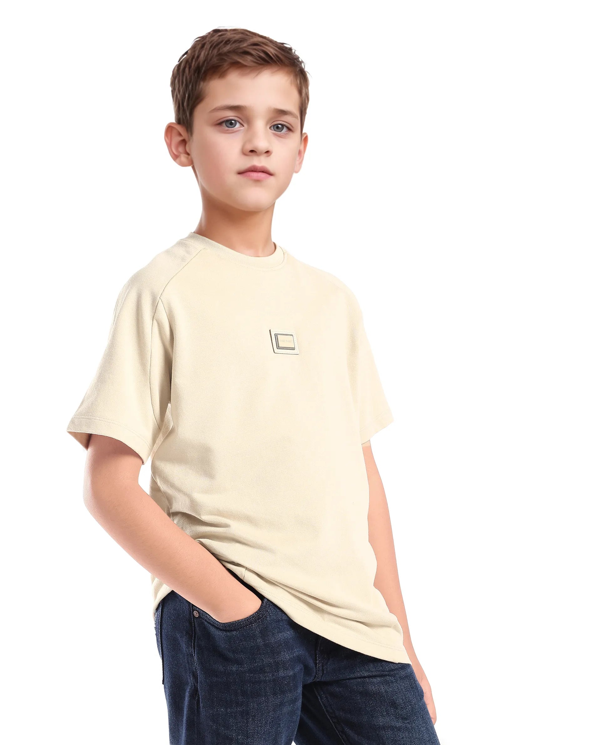 Rare Ones Kids Weke Light Beige Cotton Half Sleeves Cut And Sew Oversized T-Shirt