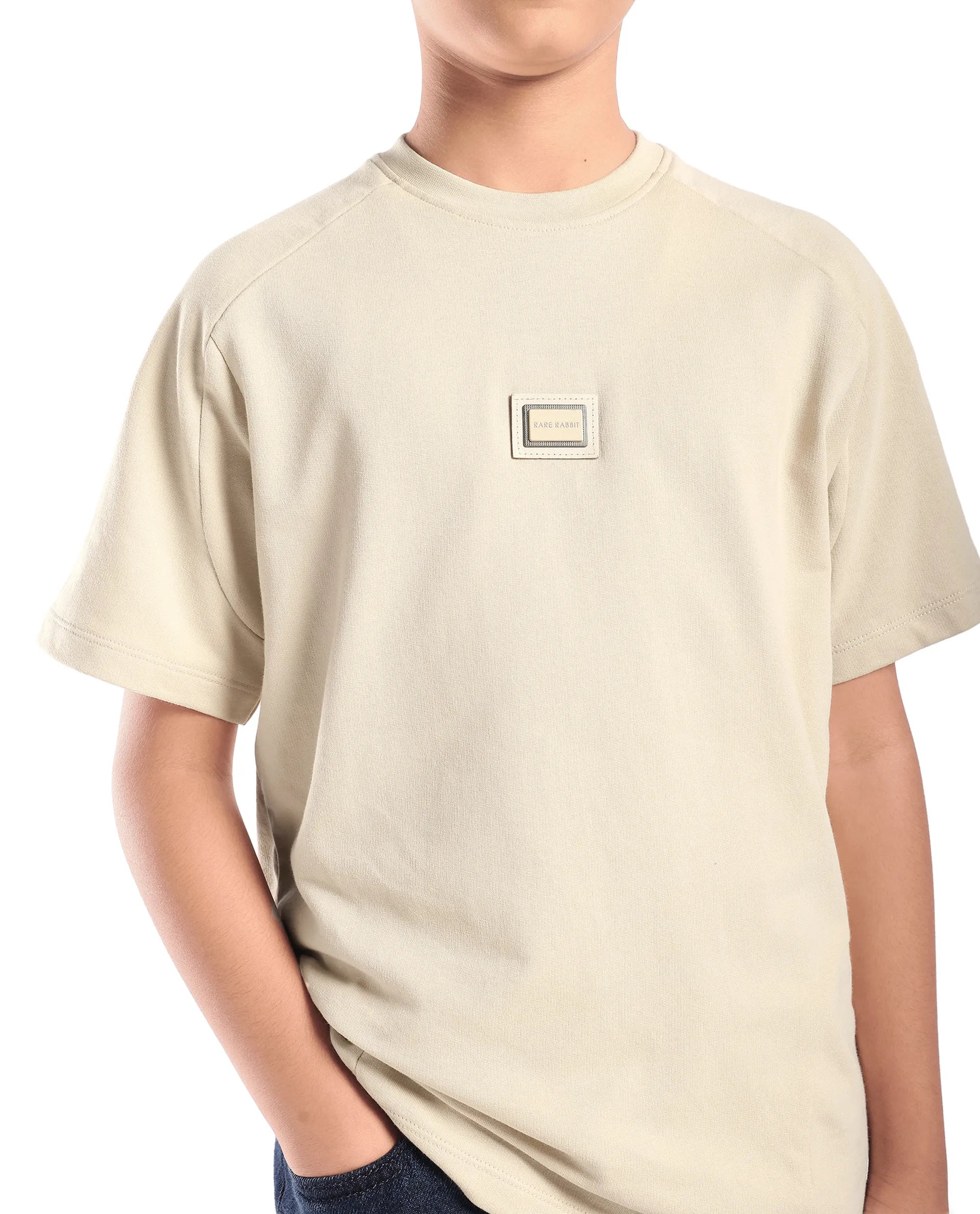 Rare Ones Kids Weke Light Beige Cotton Half Sleeves Cut And Sew Oversized T-Shirt