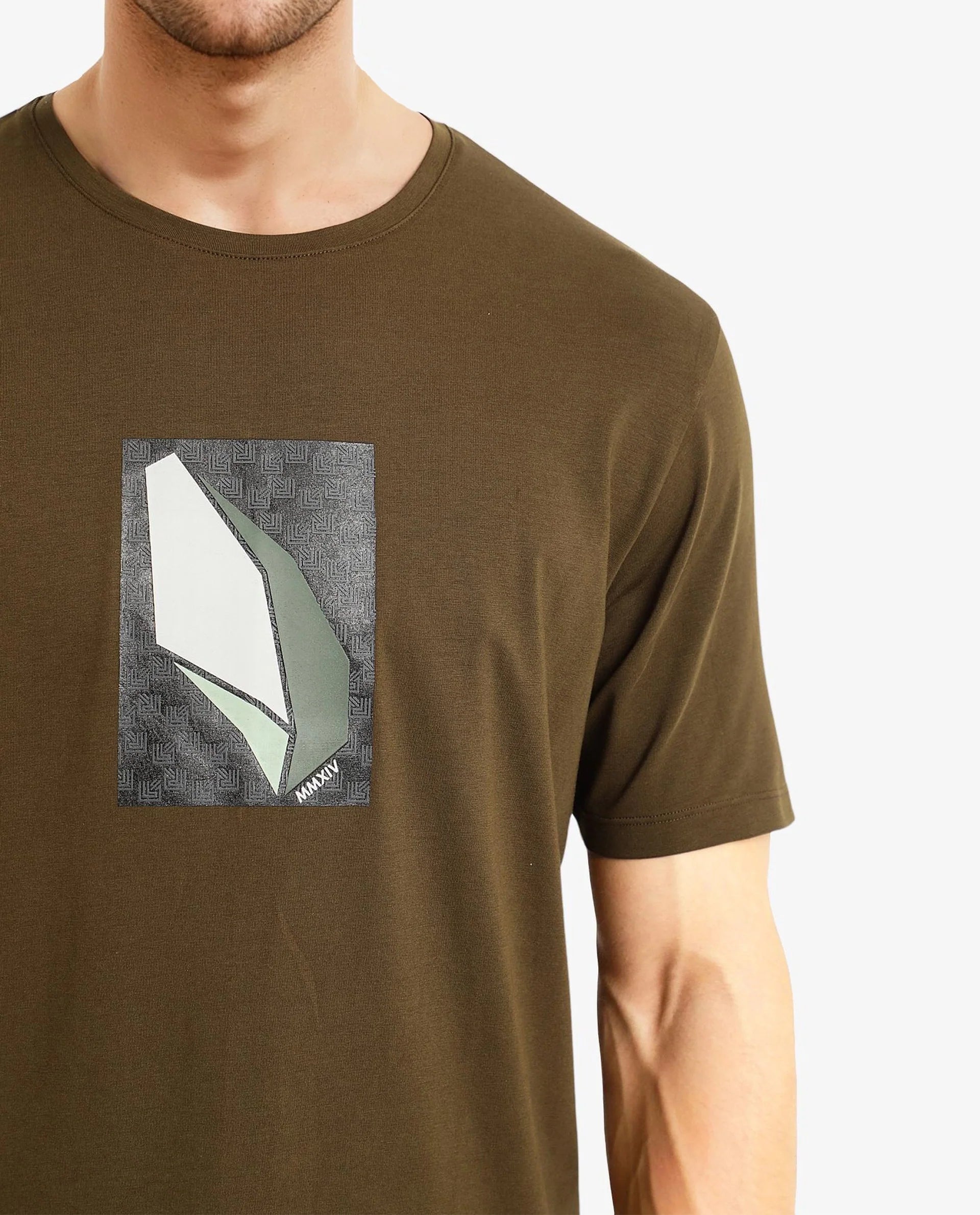 Rare Rabbit Men Well Dusky Green Cotton Lycra Fabric Short Sleeve Crew Neck Regular Fit Graphic Chest Print T-Shirt