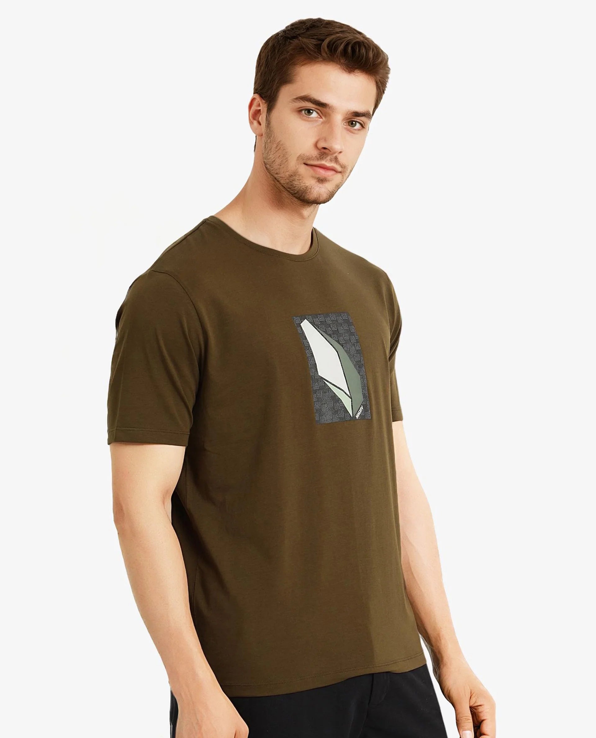 Rare Rabbit Men Well Dusky Green Cotton Lycra Fabric Short Sleeve Crew Neck Regular Fit Graphic Chest Print T-Shirt