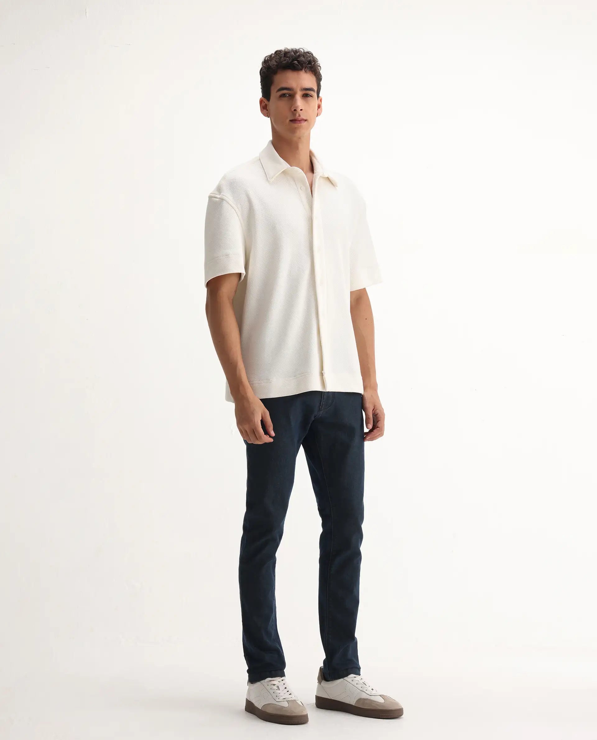 Rare Rabbit Men's Wells Navy Cotton Plain Hawk Slim Fit Jeans