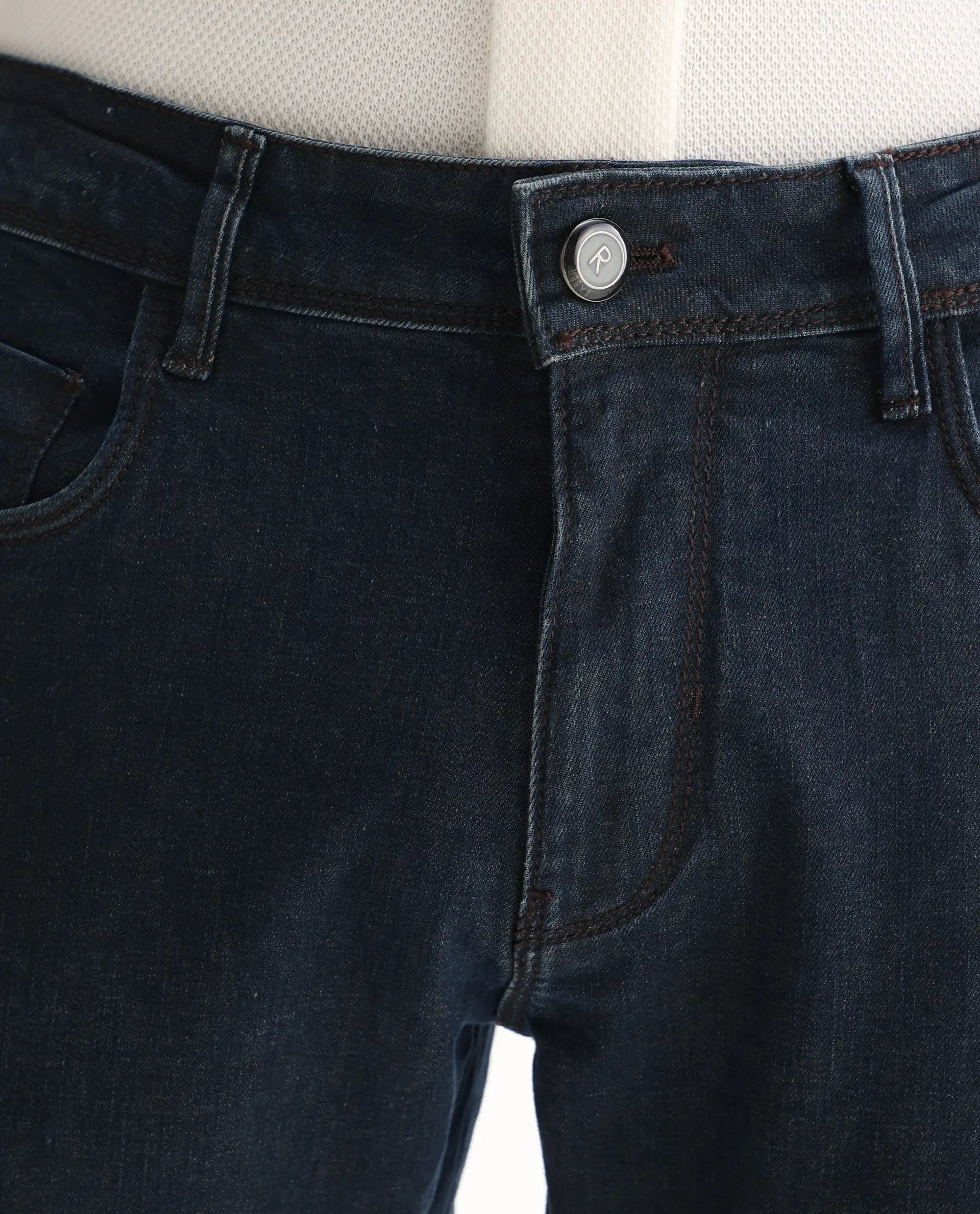 Rare Rabbit Men's Wells Navy Cotton Plain Hawk Slim Fit Jeans