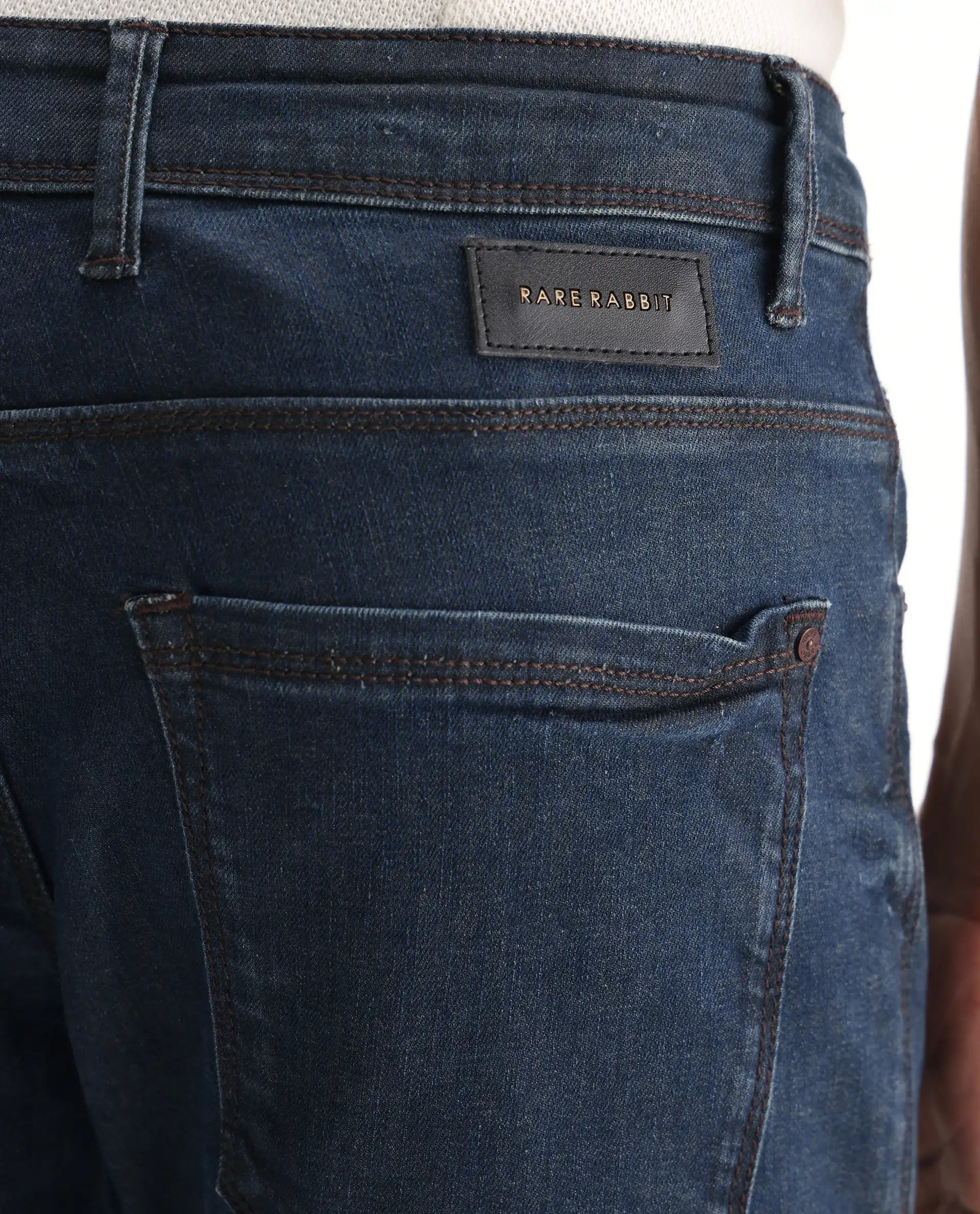 Rare Rabbit Men's Wells Navy Cotton Plain Hawk Slim Fit Jeans