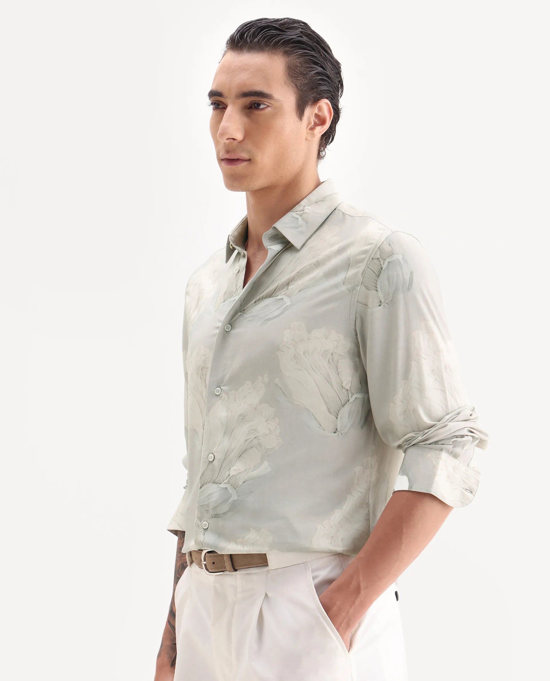 Rare Rabbit Men's Wexel Pastel Green Viscose Fabric Collared Neck Regular Fit Floral Print Shirt