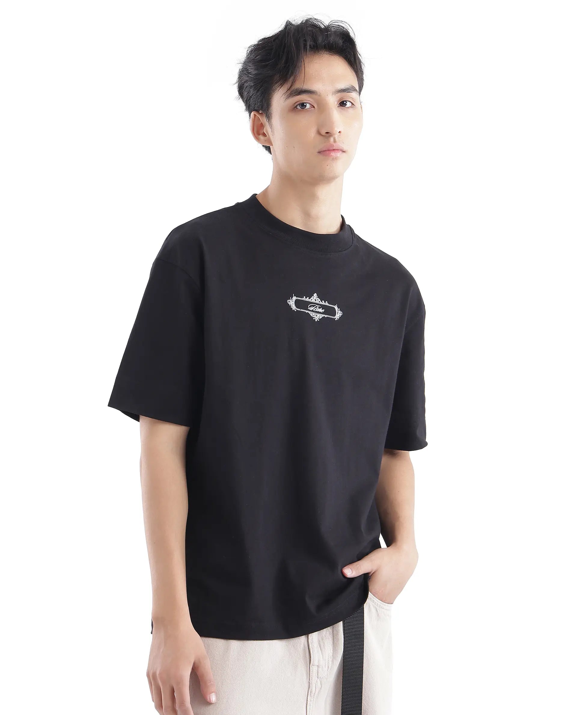 Rare Rabbit Men Whatevr Black Cotton Fabric Short Sleeve Crew Neck Oversized Fit Graphic Back Print T-Shirt