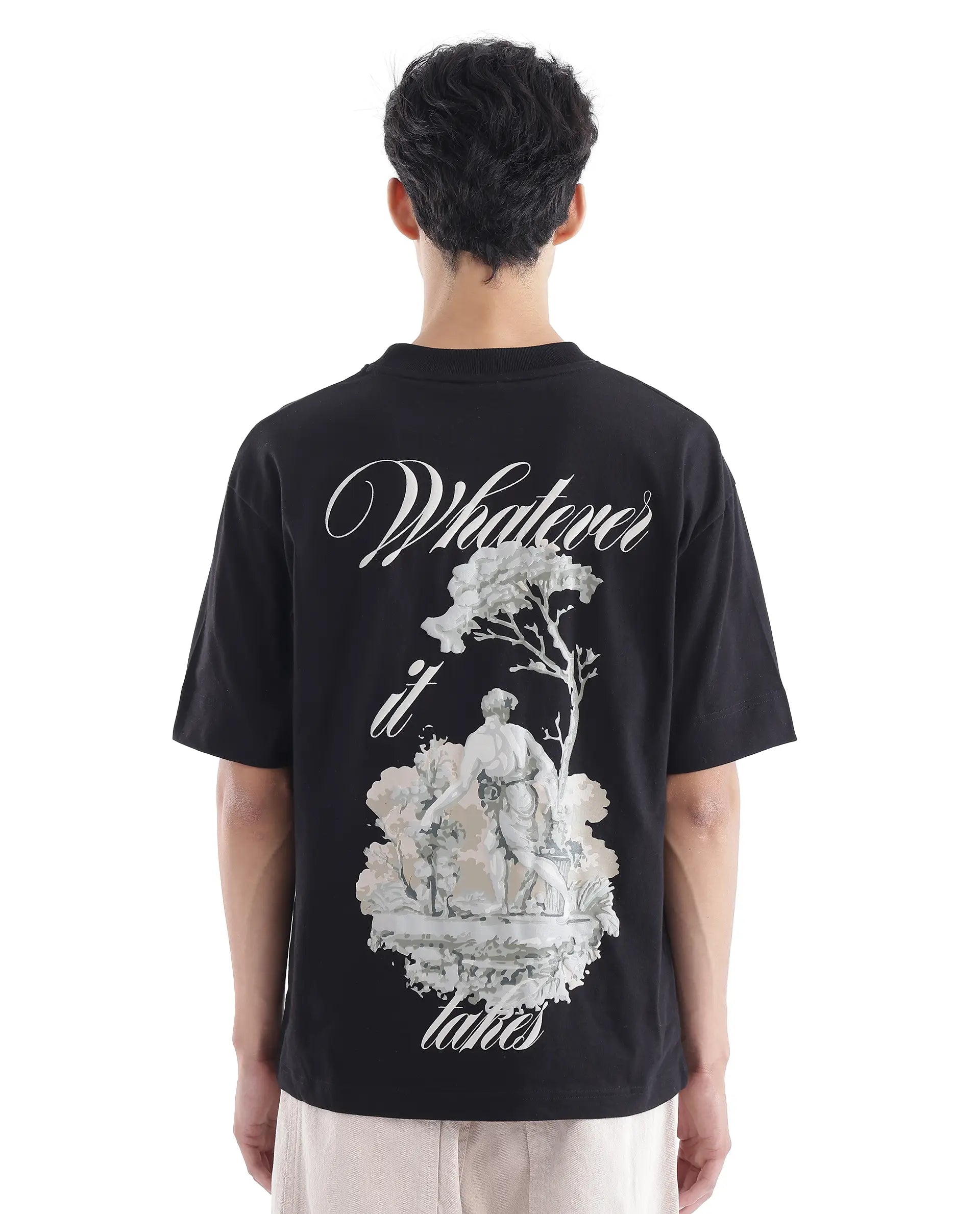 Rare Rabbit Men Whatevr Black Cotton Fabric Short Sleeve Crew Neck Oversized Fit Graphic Back Print T-Shirt