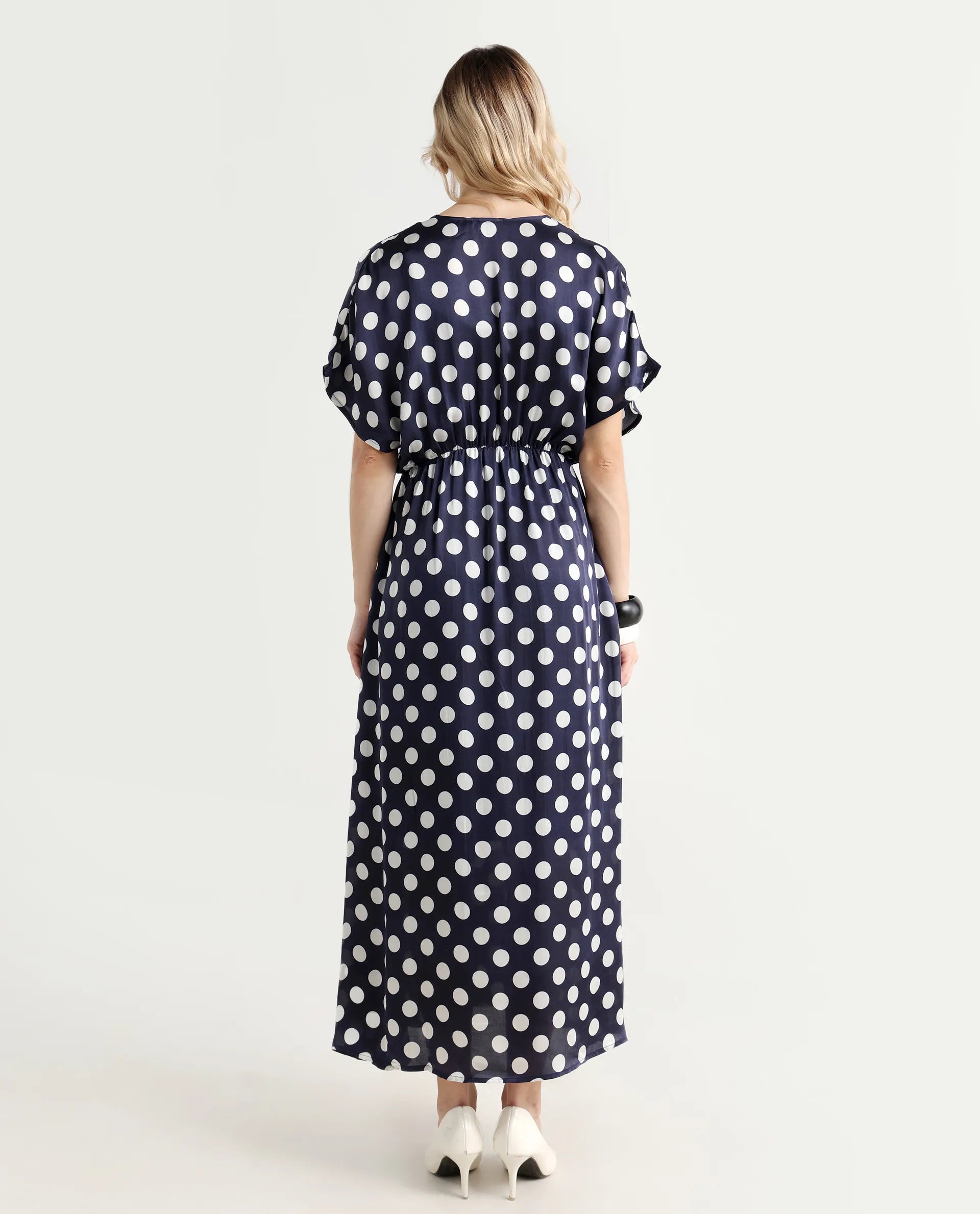 Rareism Women's Wicked Blue Modal Blend V-Neck Polka Print Extended Sleeves Maxi Regular Fit Dress