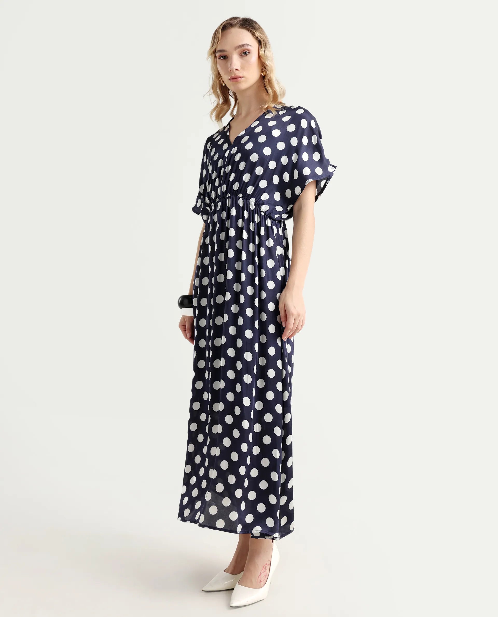 Rareism Women's Wicked Blue Modal Blend V-Neck Polka Print Extended Sleeves Maxi Regular Fit Dress
