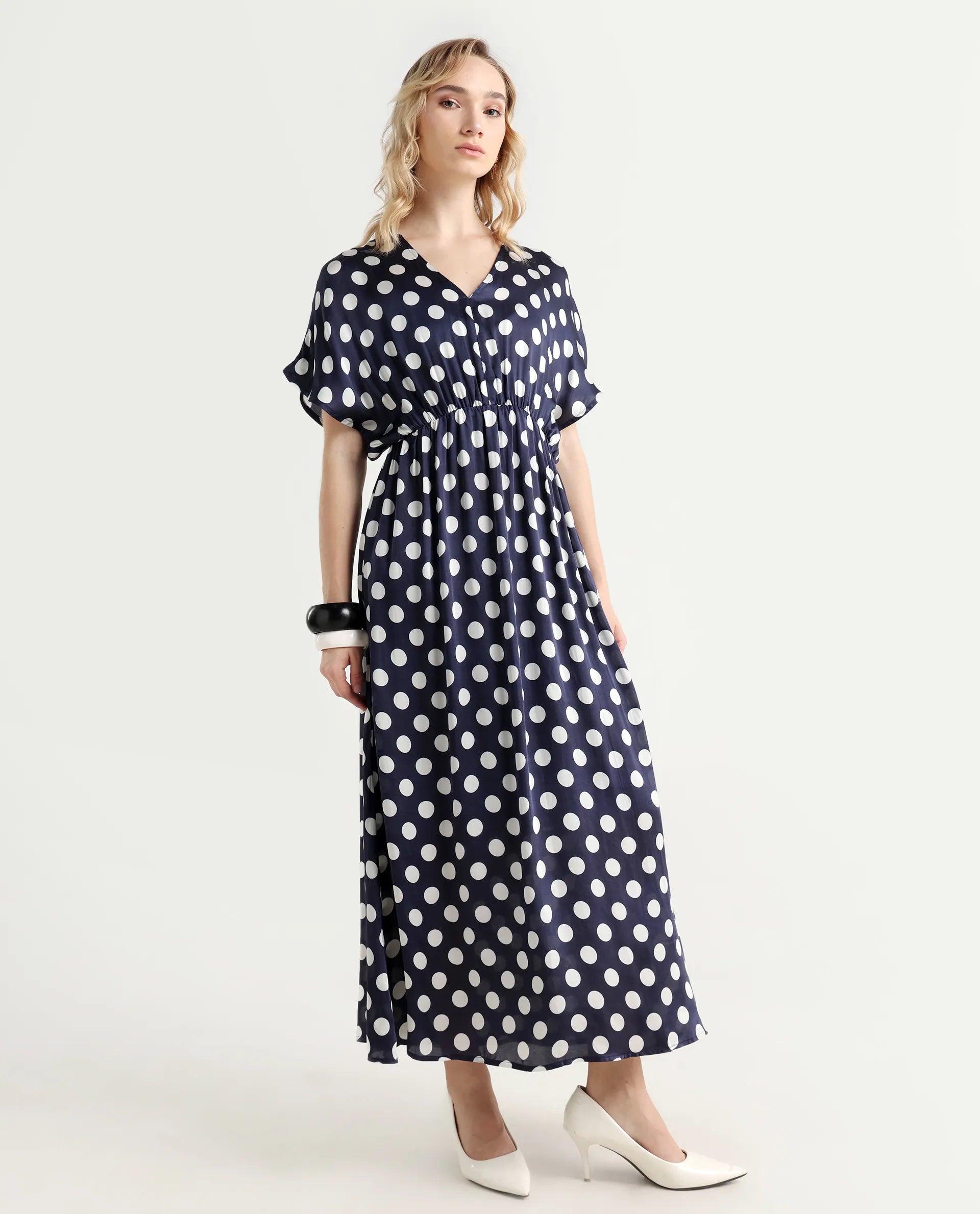 Rareism Women's Wicked Blue Modal Blend V-Neck Polka Print Extended Sleeves Maxi Regular Fit Dress