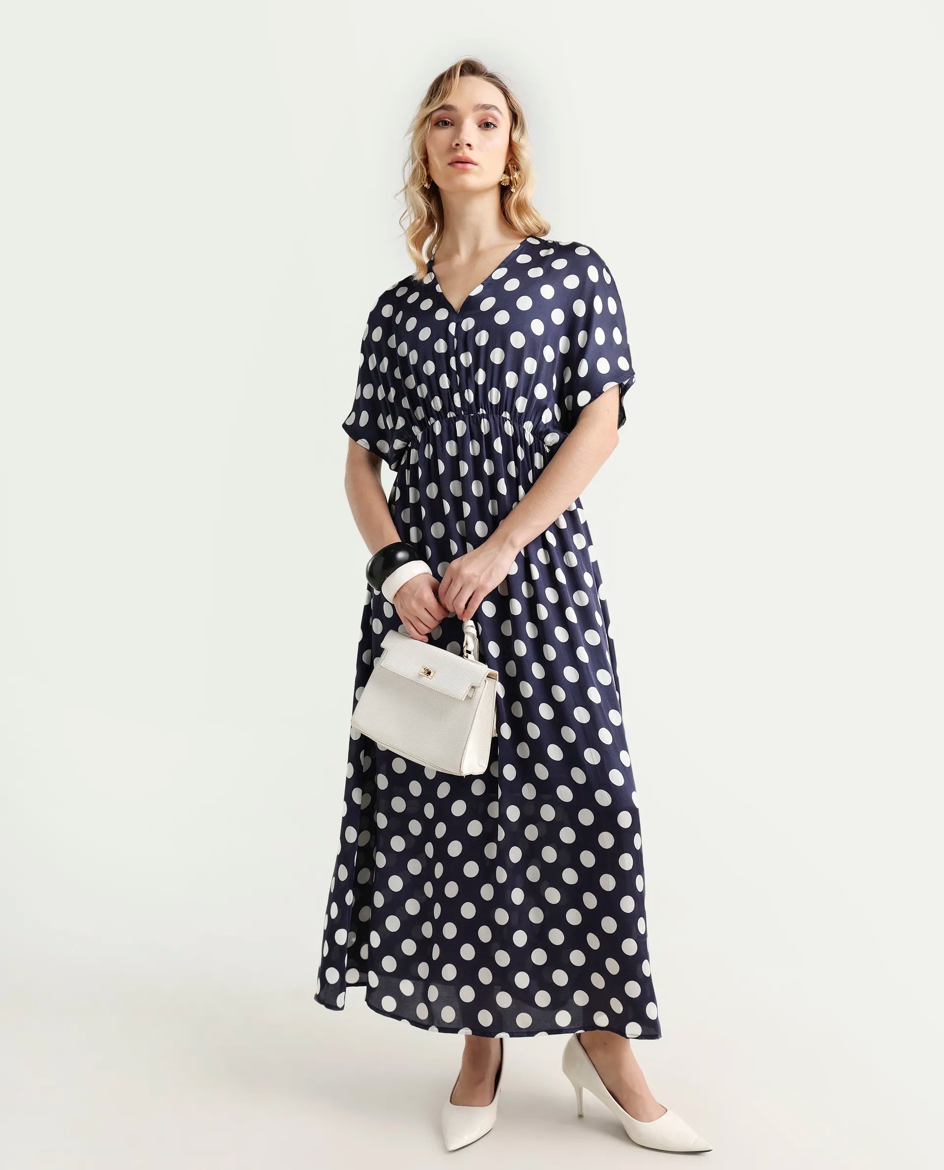 Rareism Women's Wicked Blue Modal Blend V-Neck Polka Print Extended Sleeves Maxi Regular Fit Dress