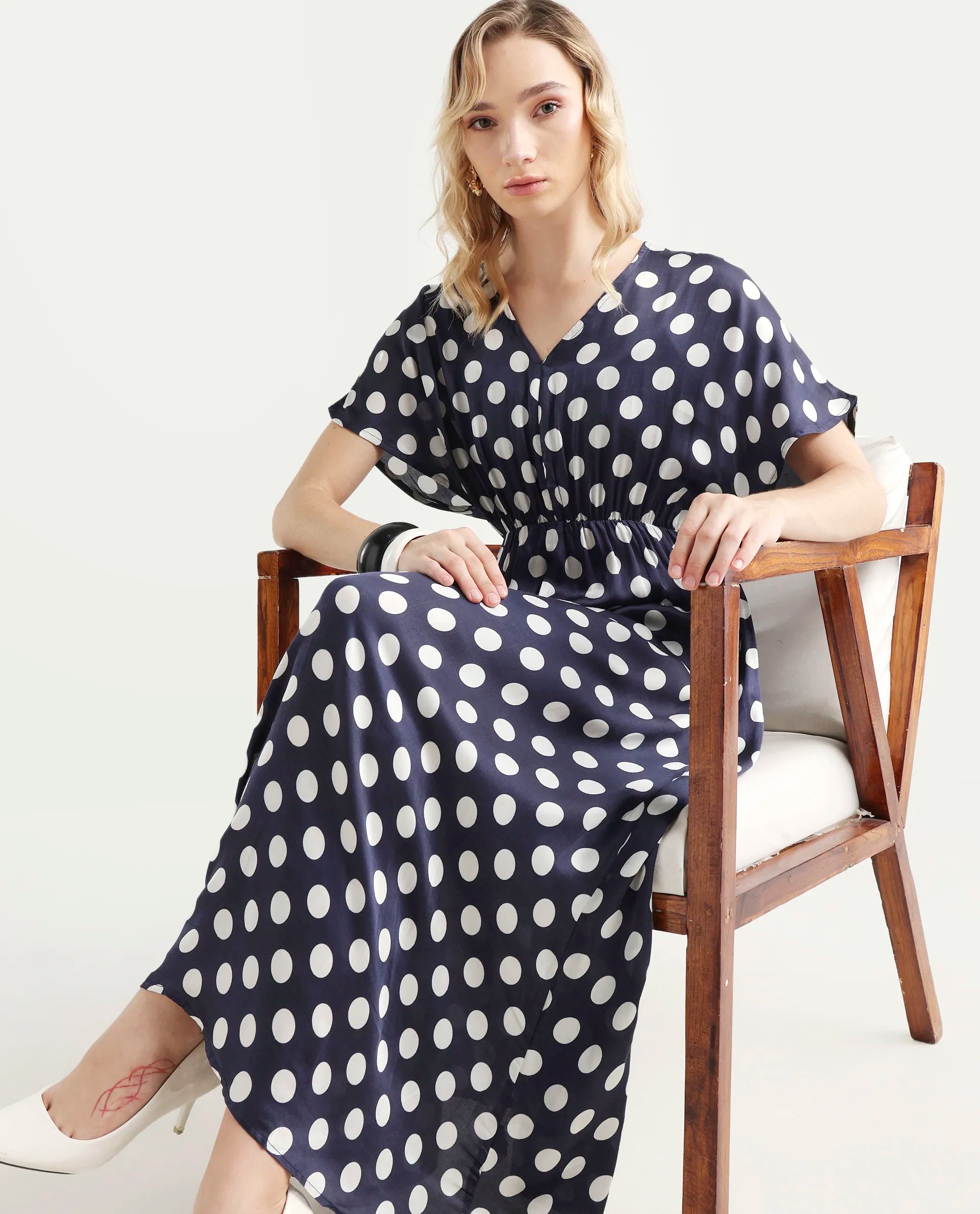 Rareism Women's Wicked Blue Modal Blend V-Neck Polka Print Extended Sleeves Maxi Regular Fit Dress