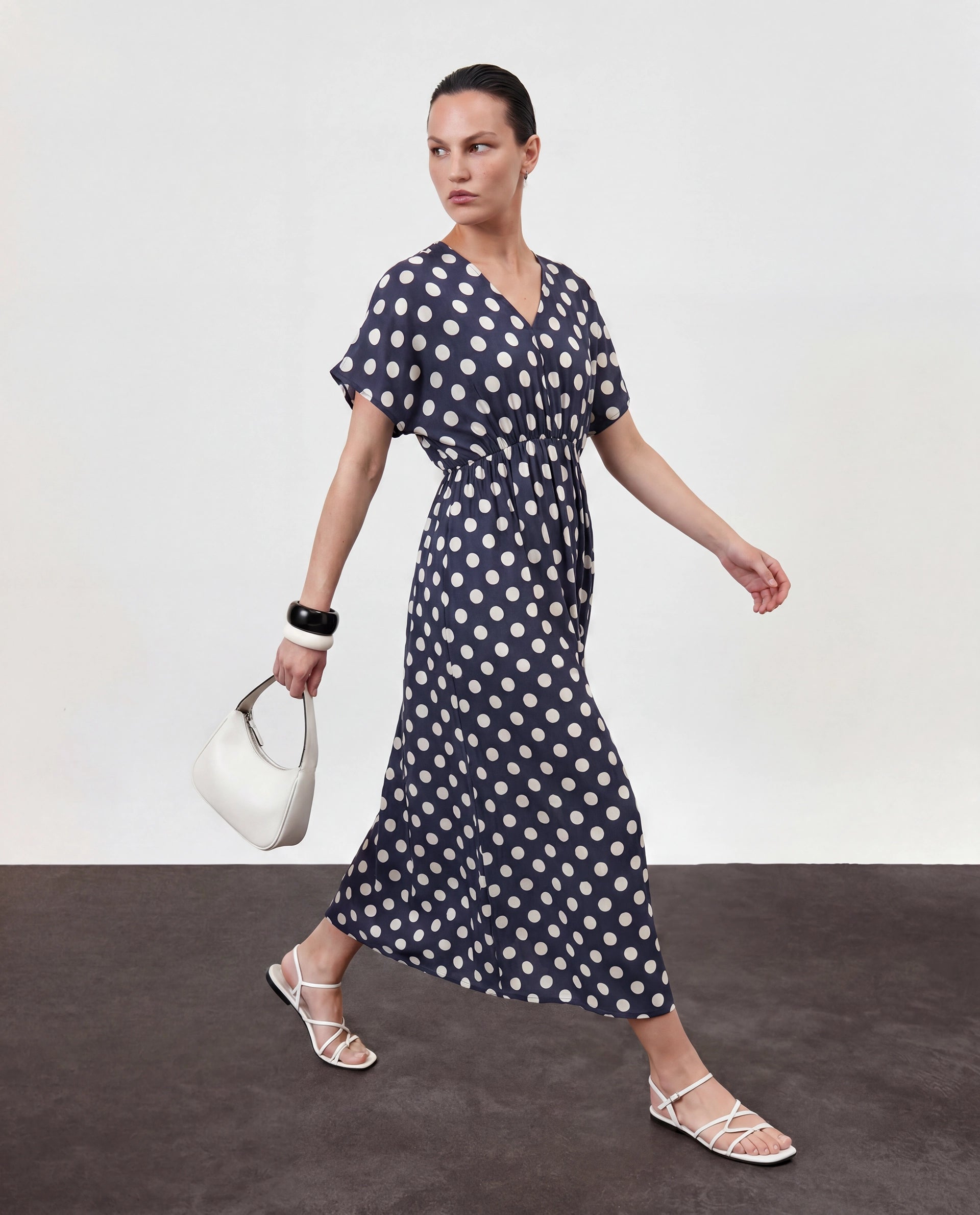 Rareism Women's Wicked Blue Modal Blend V-Neck Polka Print Extended Sleeves Maxi Regular Fit Dress