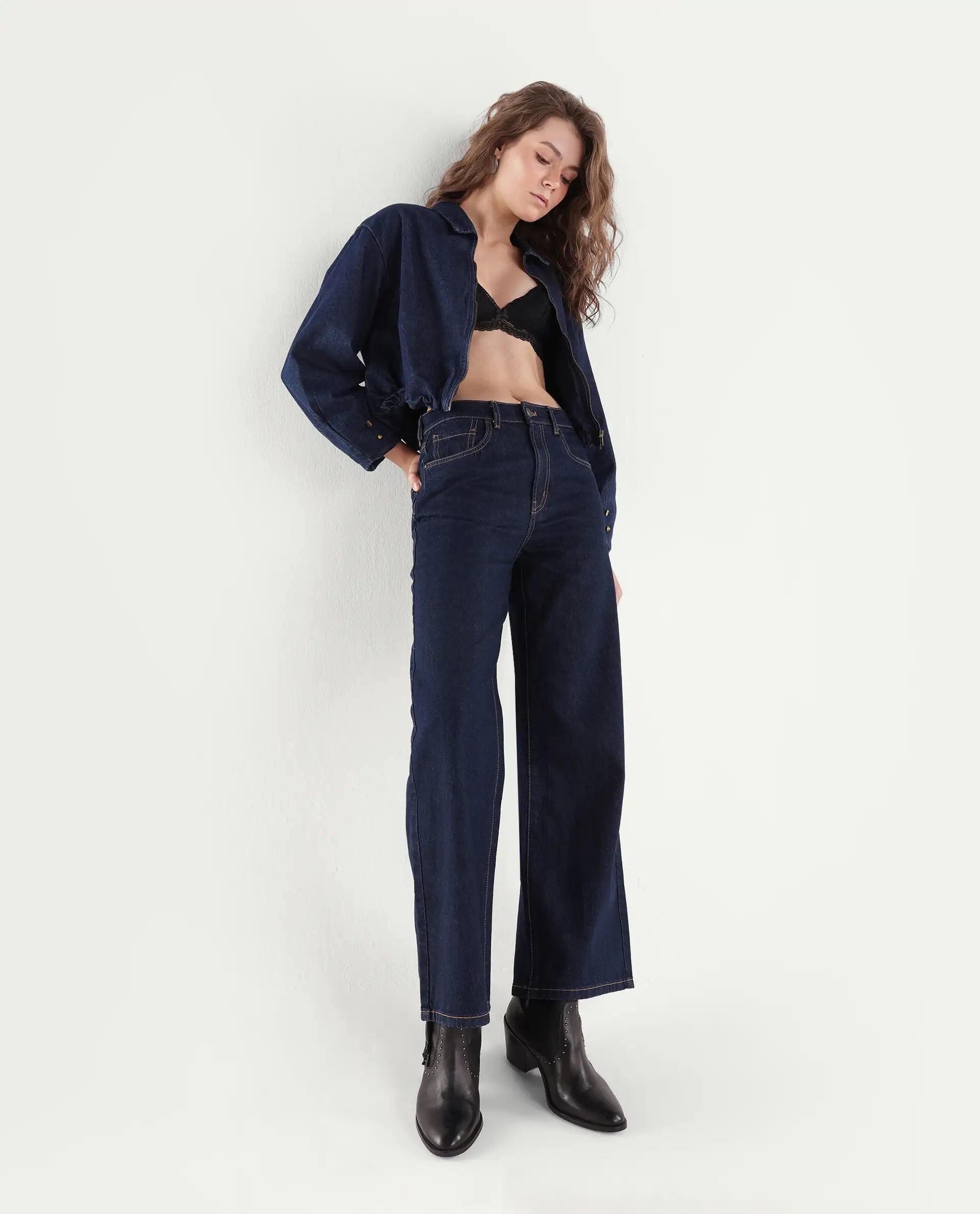 Rareism Womens Wyde-1 Dark Navy Cotton Sculpt High Wide Plain Jeans