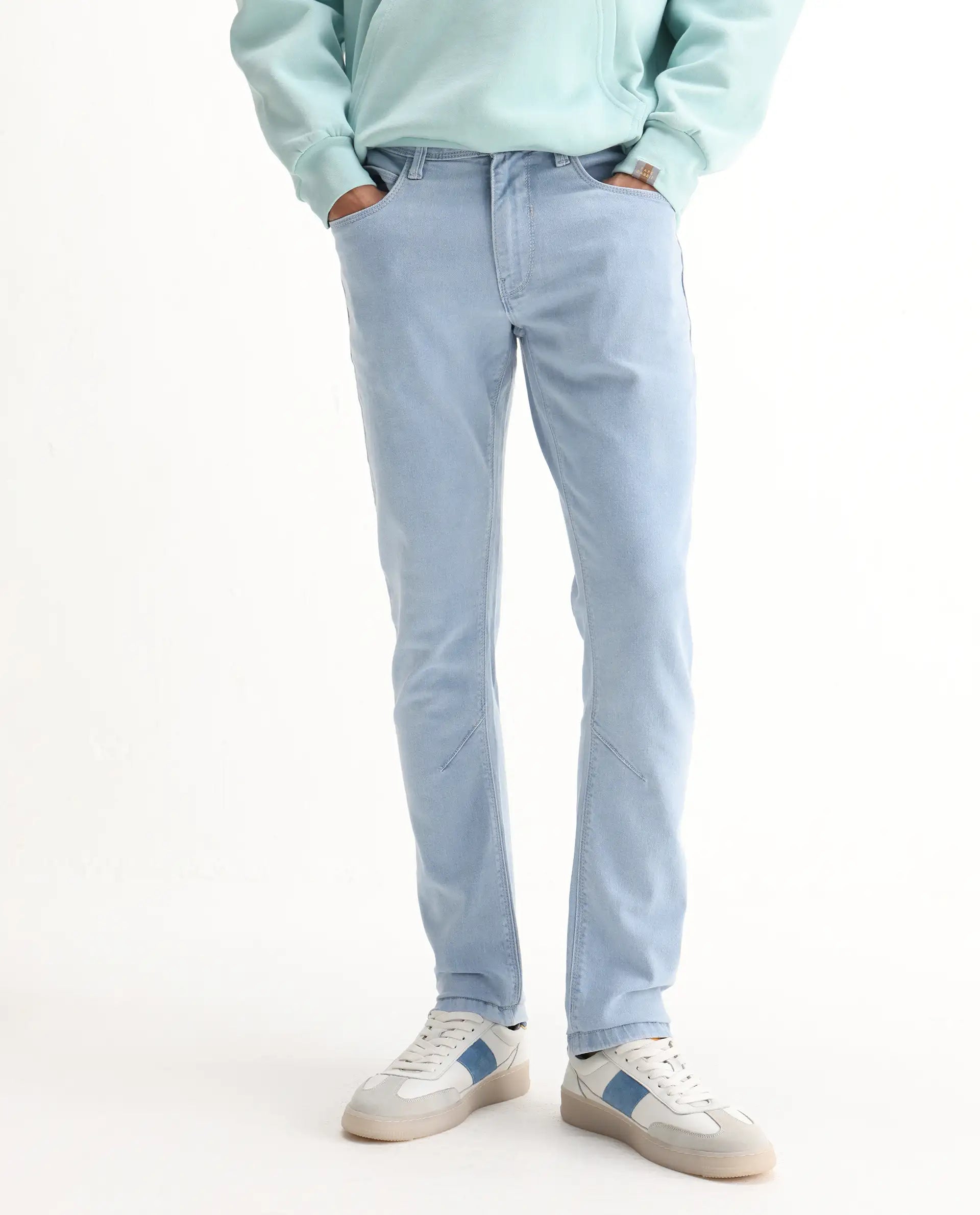 Rare Rabbit Men's Will Light Blue Cotton Plain Hawk Slim Fit Jeans