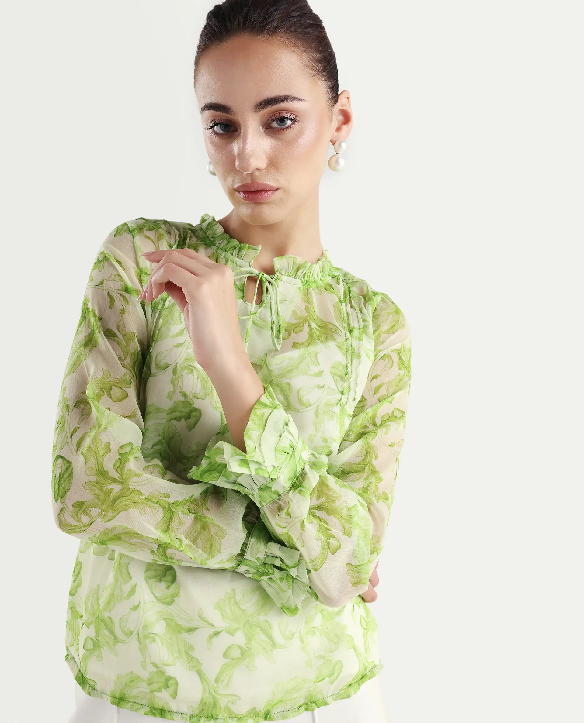 Rareism Women's Willow Green Polyester Tie-Up Neck Tropical Print Ruffled Sleeve Regular Fit Top