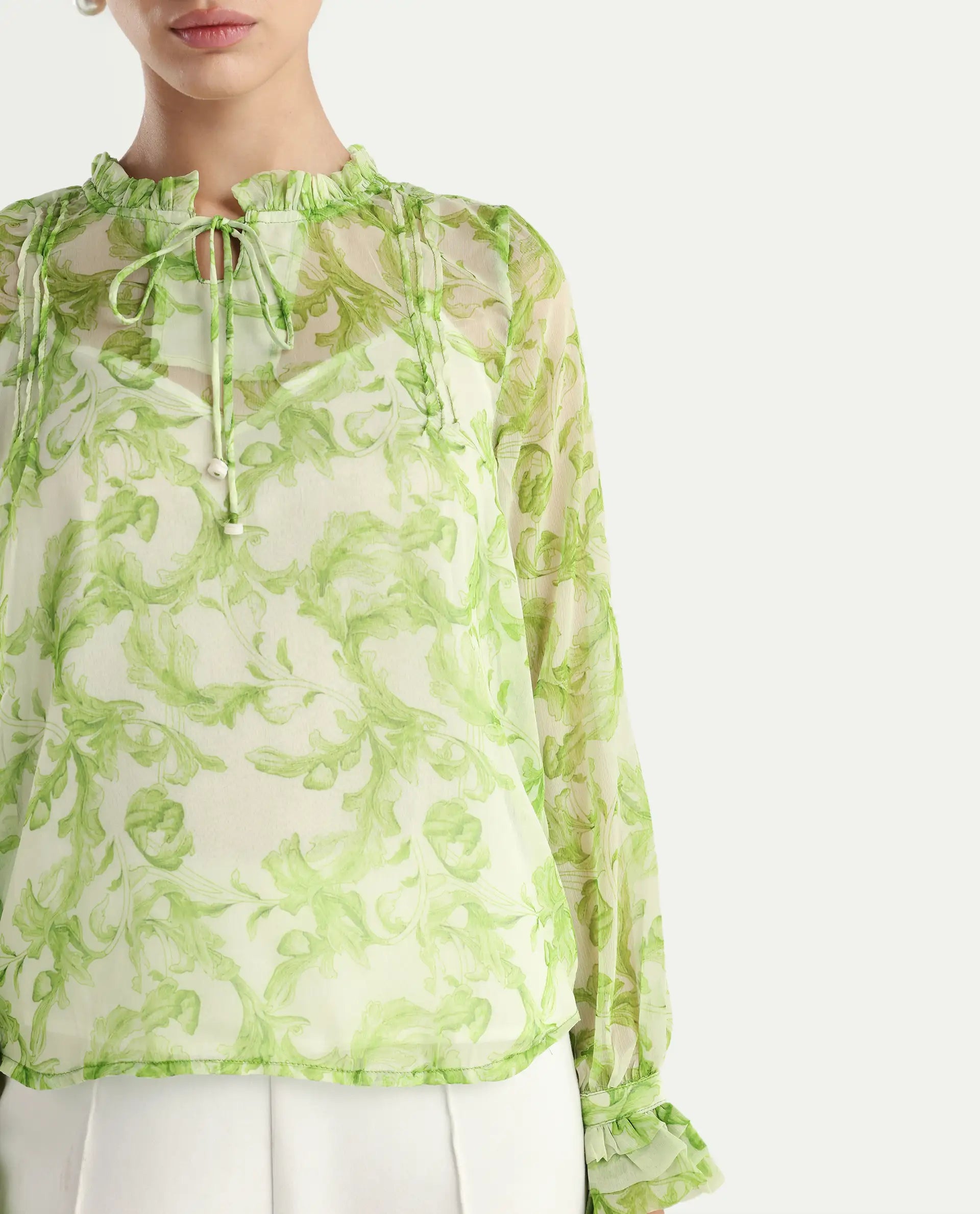 Rareism Women's Willow Green Polyester Tie-Up Neck Tropical Print Ruffled Sleeve Regular Fit Top