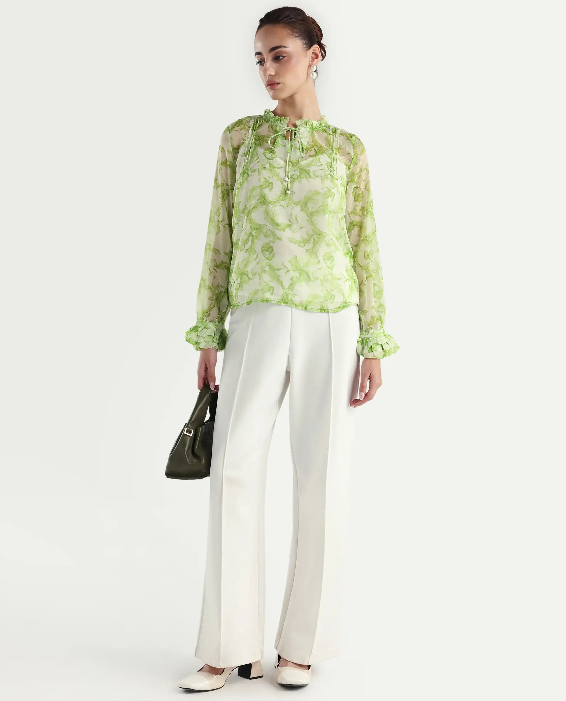 Rareism Women's Willow Green Polyester Tie-Up Neck Tropical Print Ruffled Sleeve Regular Fit Top