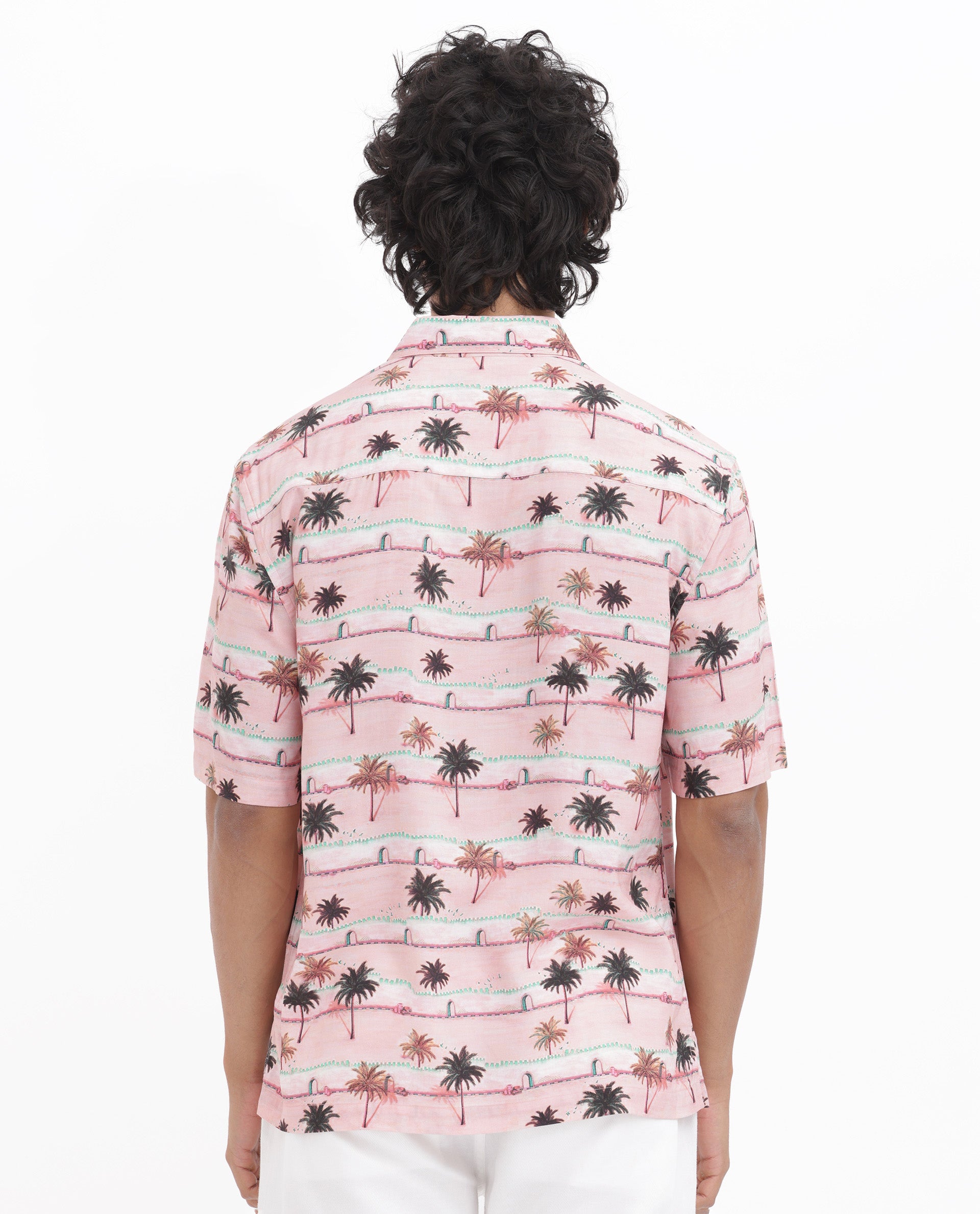 Rare Rabbit Men's Windo Light Pink Cotton Fabric Half Sleeves Boxy Fit Tropical Print Shirt