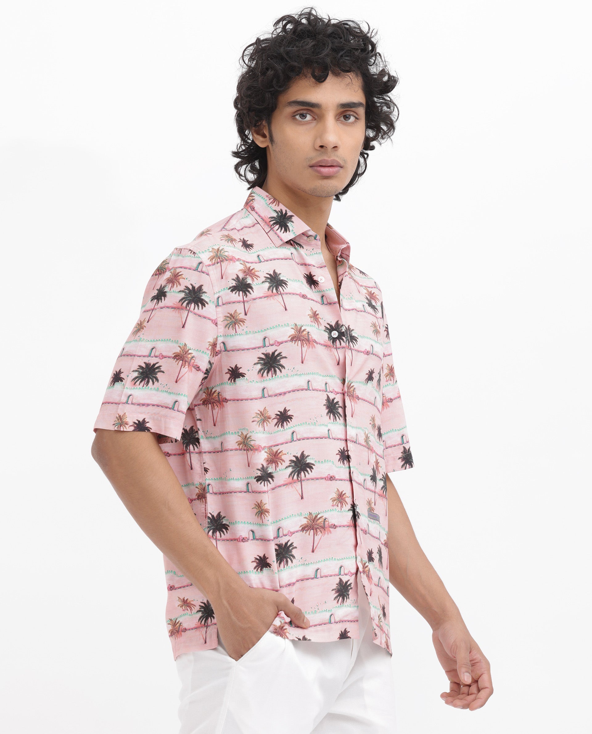 Rare Rabbit Men's Windo Light Pink Cotton Fabric Half Sleeves Boxy Fit Tropical Print Shirt