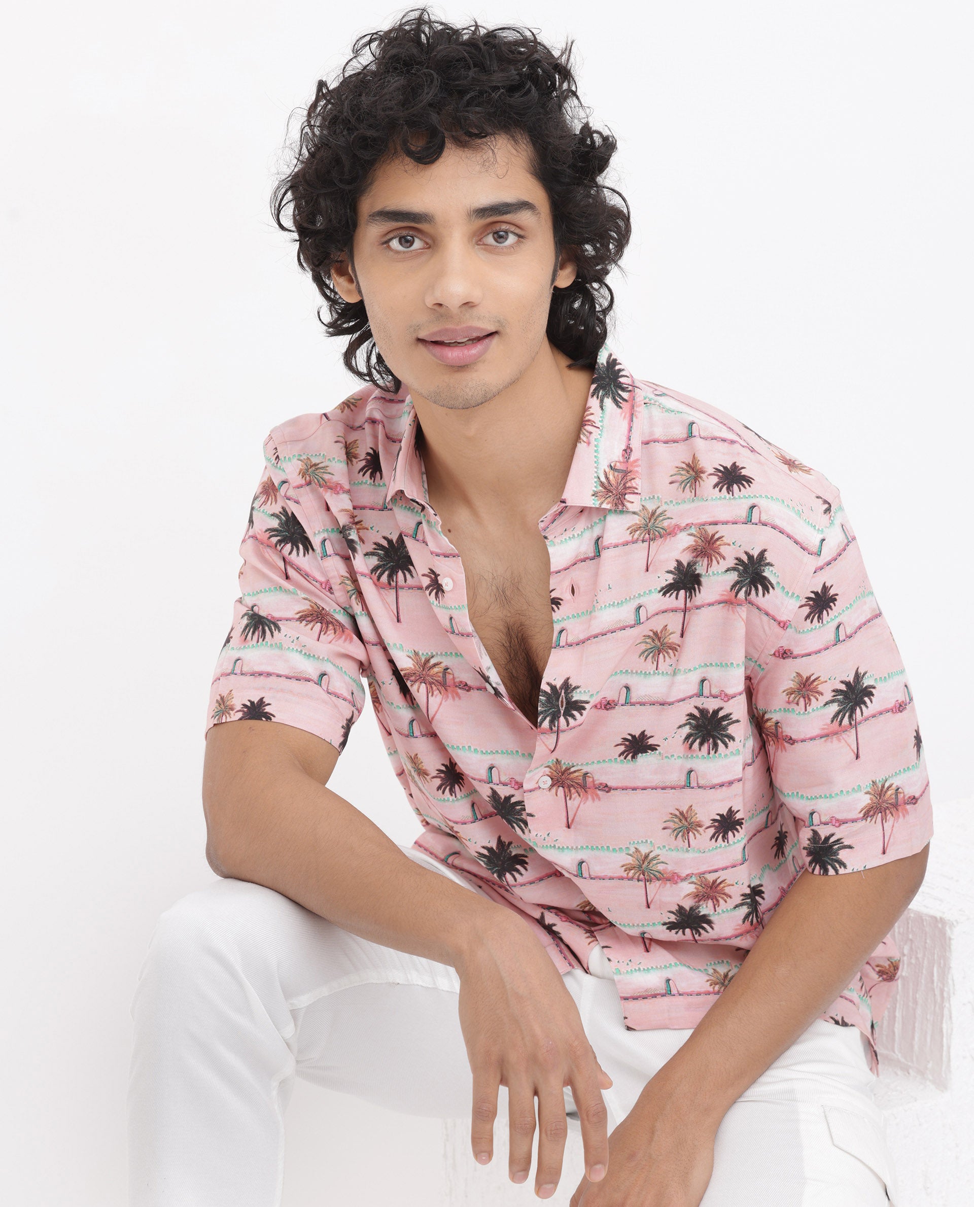 Rare Rabbit Men's Windo Light Pink Cotton Fabric Half Sleeves Boxy Fit Tropical Print Shirt