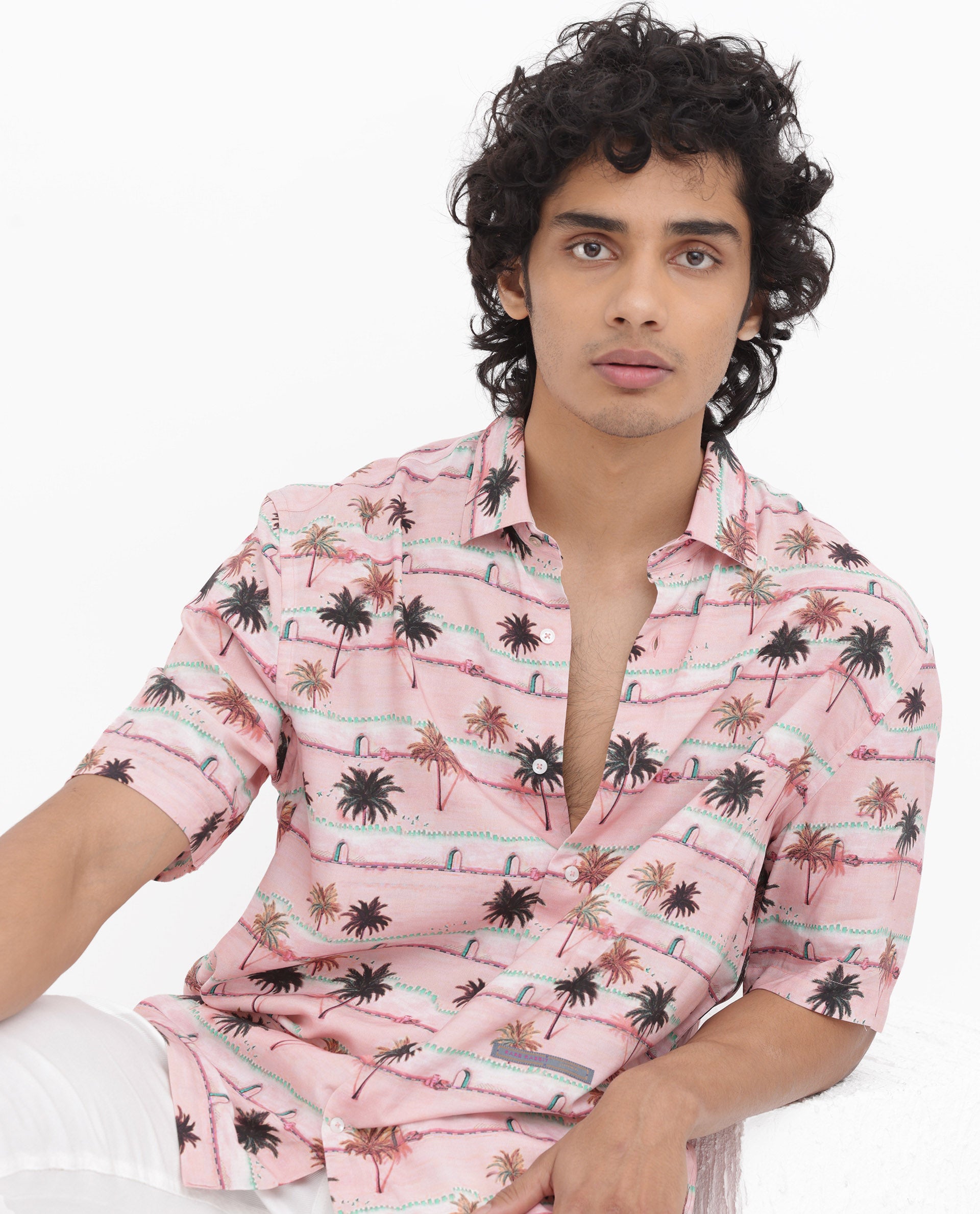 Rare Rabbit Men's Windo Light Pink Cotton Fabric Half Sleeves Boxy Fit Tropical Print Shirt