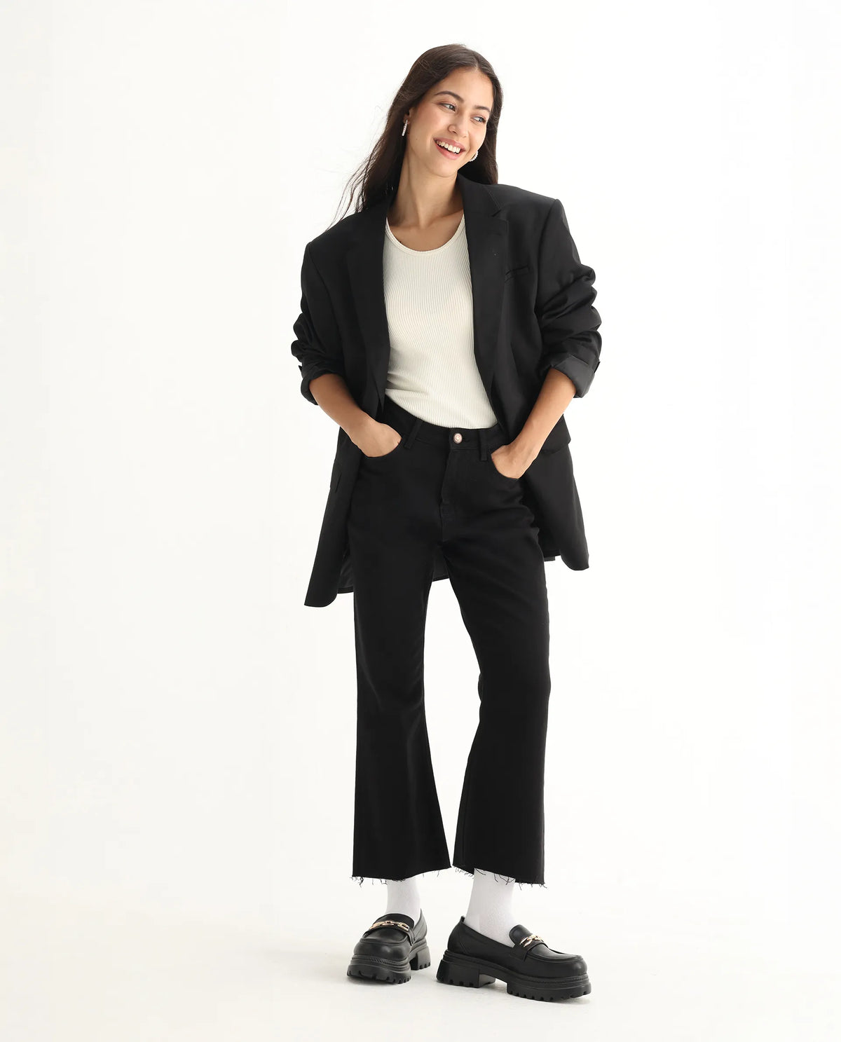 Rareism Women's Winona Black Cotton Blend Plain Ankle Length Classic Bootcut Jeans