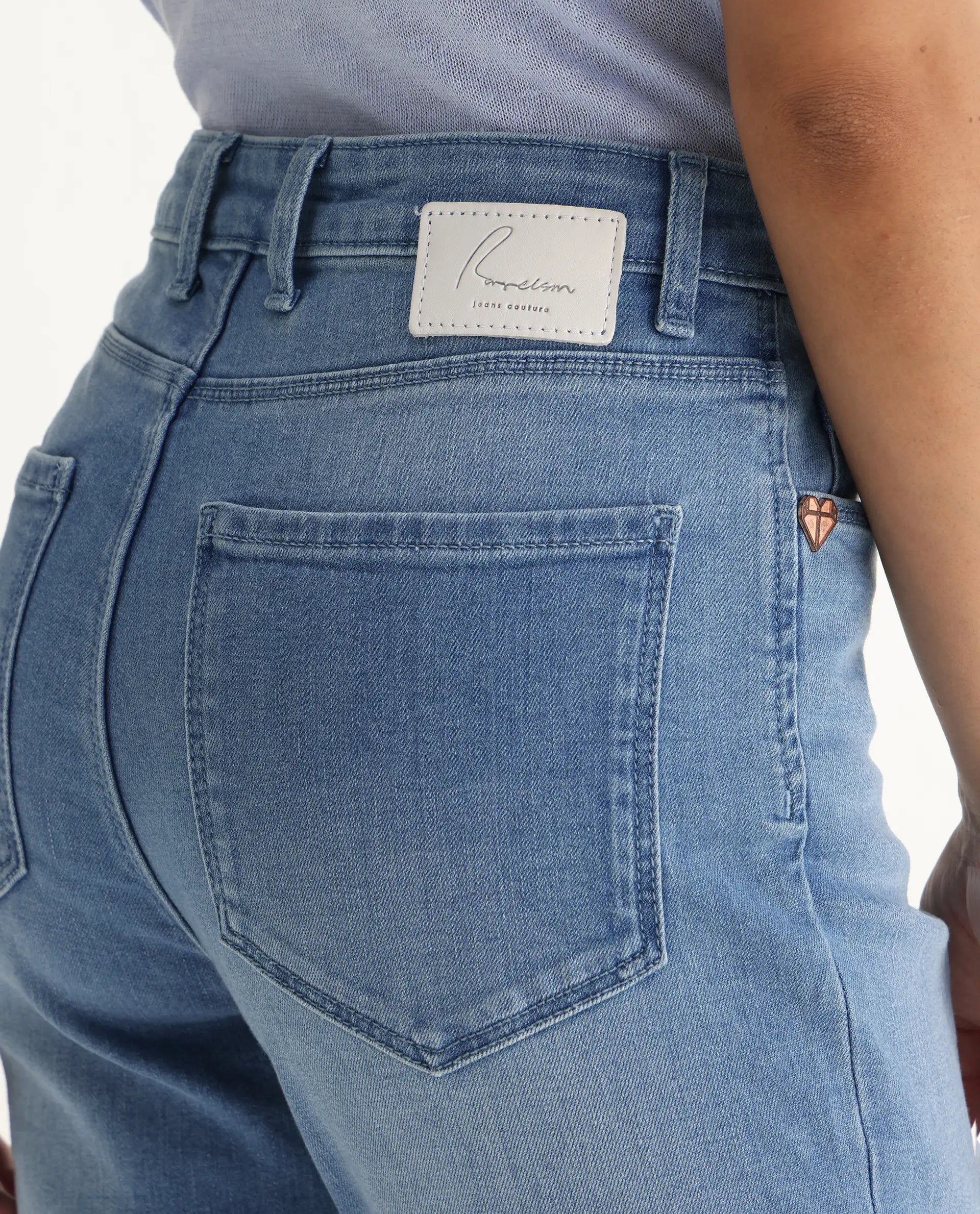 Rareism Women's Winona Pastel Blue Cotton Blend Plain Ankle Length Crop Flare Jeans