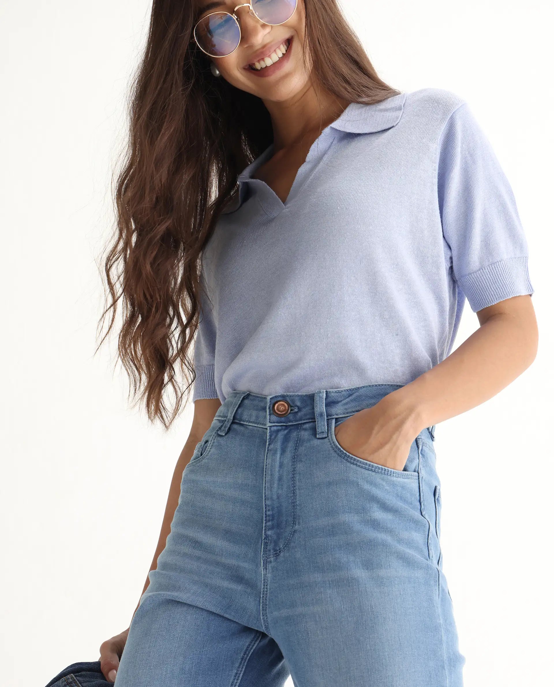 Rareism Women's Winona Pastel Blue Cotton Blend Plain Ankle Length Crop Flare Jeans