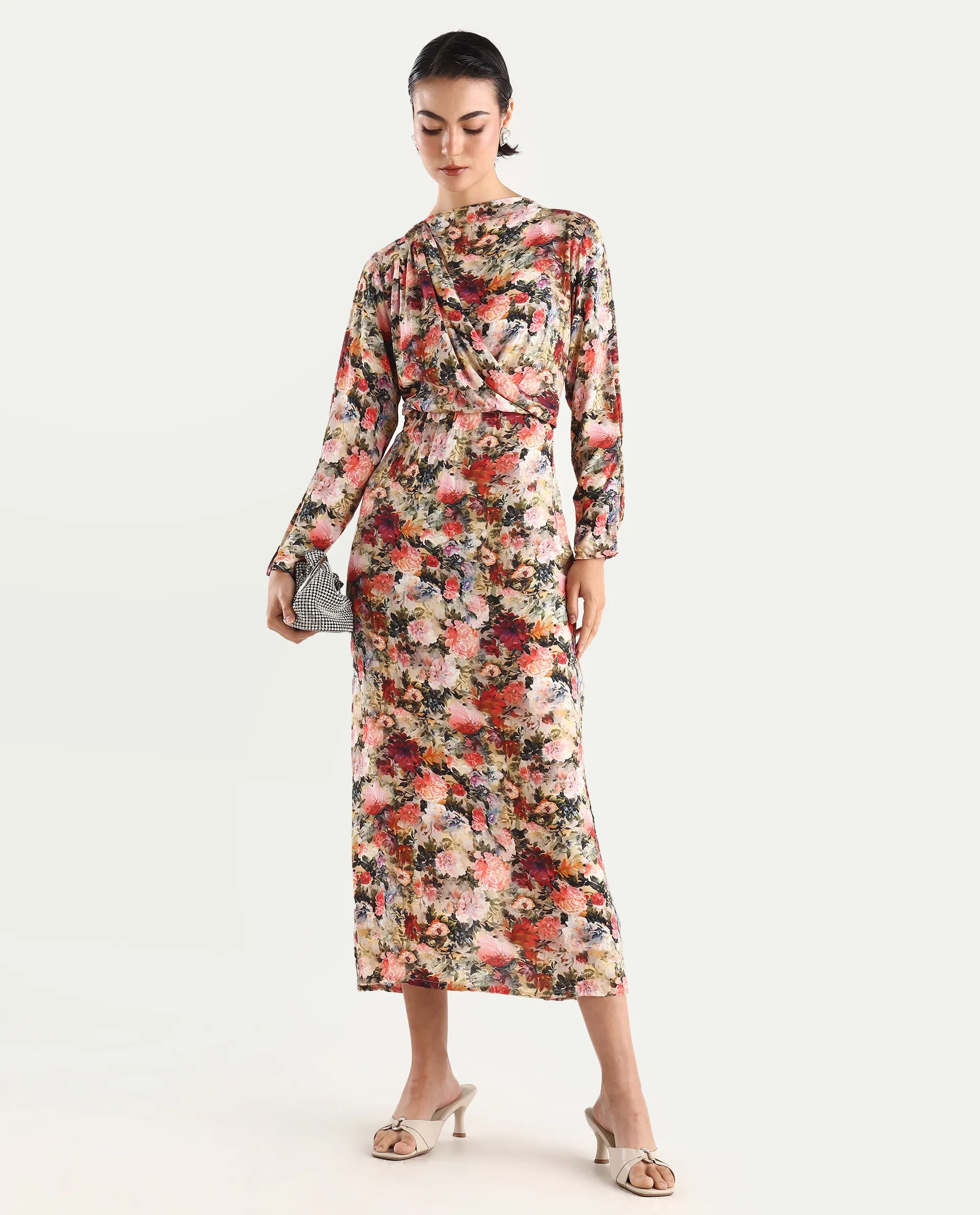 Rareism Women's Winza Dark Red Viscose Blend Cowl Neck Floral Print Midi Straight Fit Dress