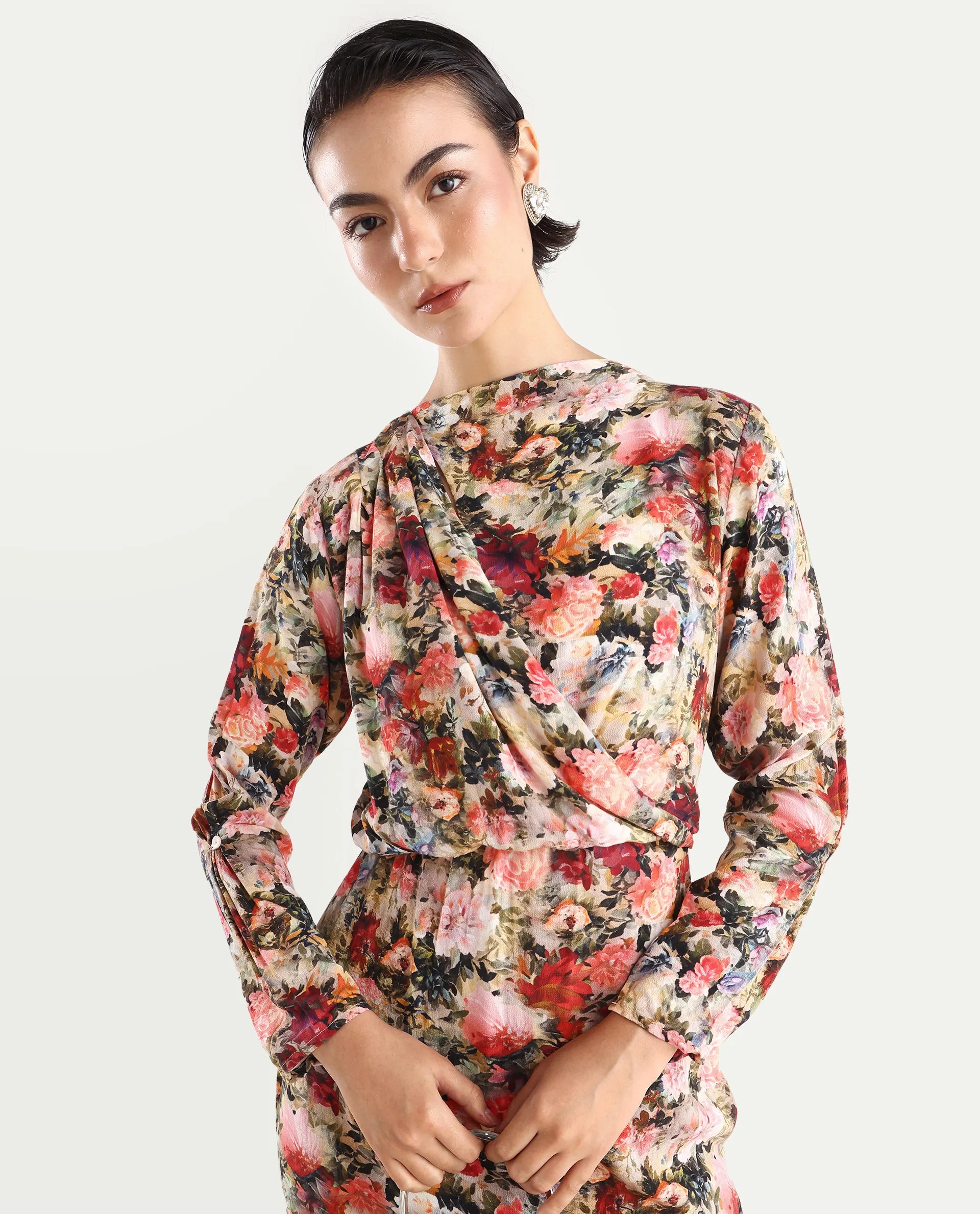 Rareism Women's Winza Dark Red Viscose Blend Cowl Neck Floral Print Midi Straight Fit Dress