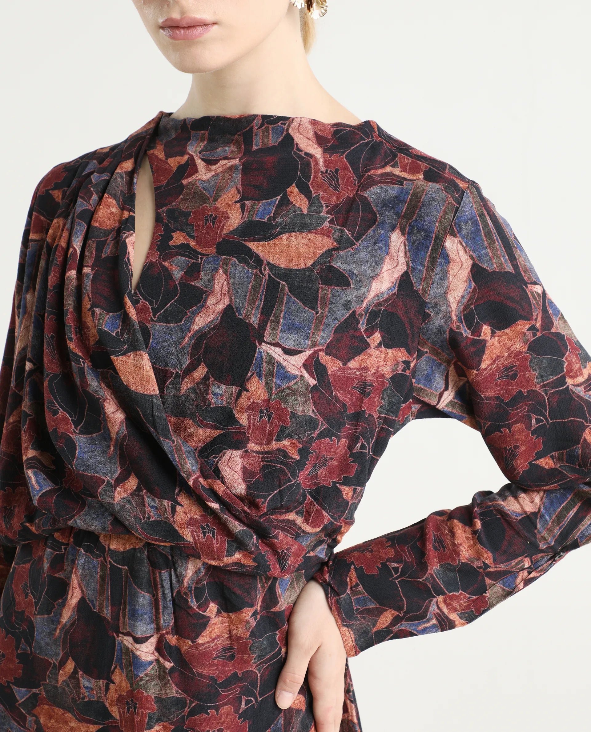 Rareism Women's Winzop Multi Viscose Blend Cowl Neck Floral Print Midi Straight Fit Dress