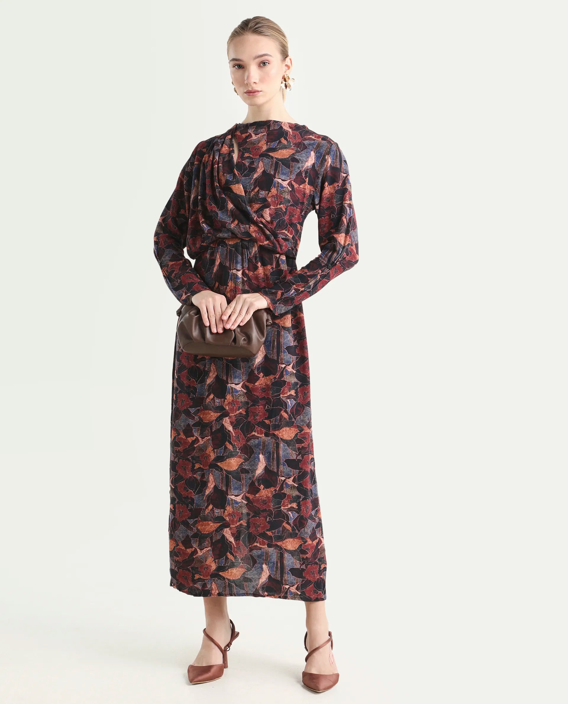 Rareism Women's Winzop Multi Viscose Blend Cowl Neck Floral Print Midi Straight Fit Dress