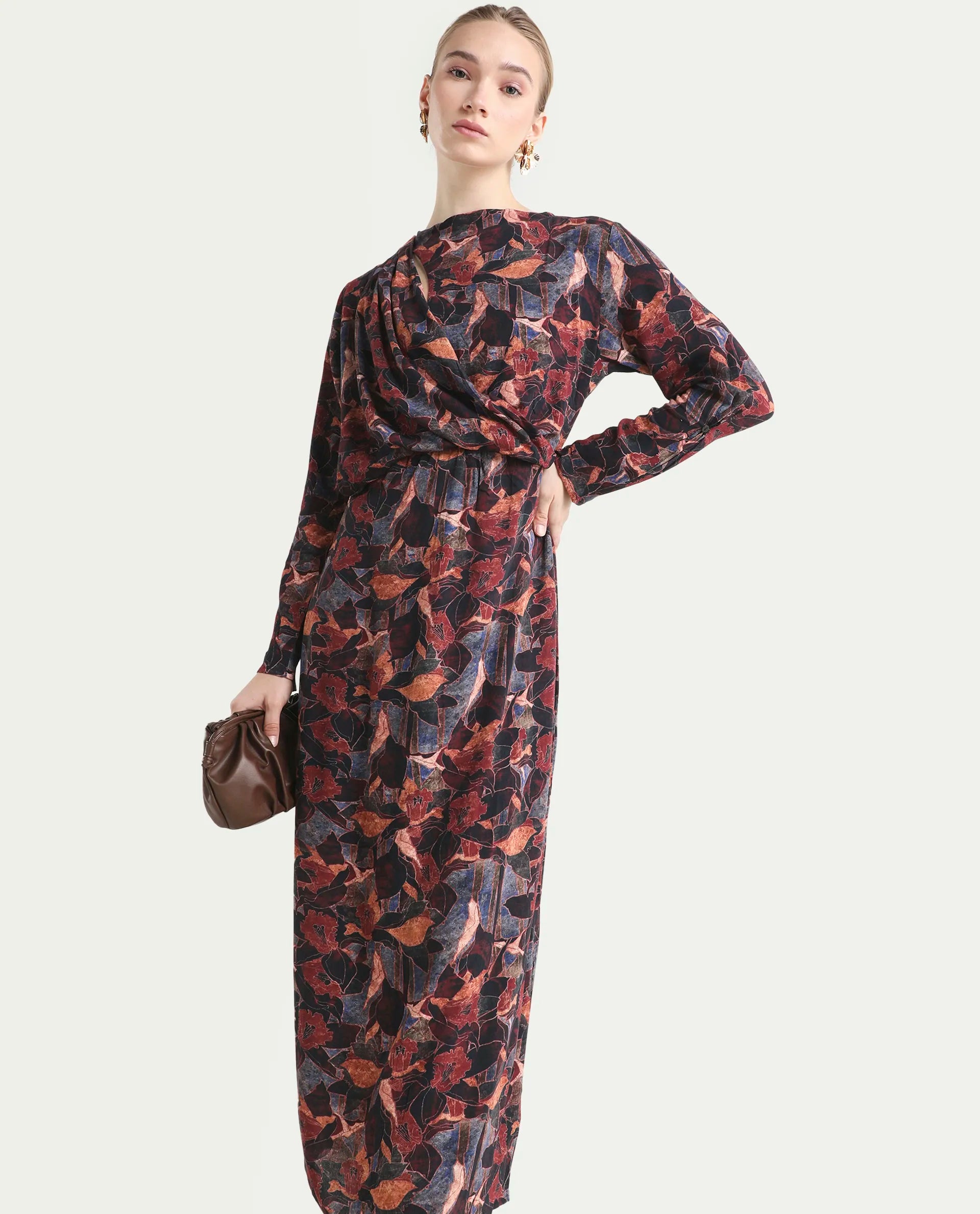 Rareism Women's Winzop Multi Viscose Blend Cowl Neck Floral Print Midi Straight Fit Dress