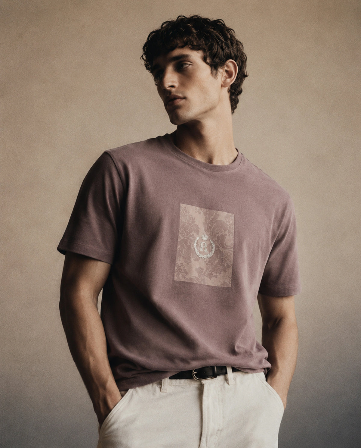 Rare Rabbit Men's Woakes Dusky Purple Cotton Blend Crew Neck Regular Graphic Print T-Shirt